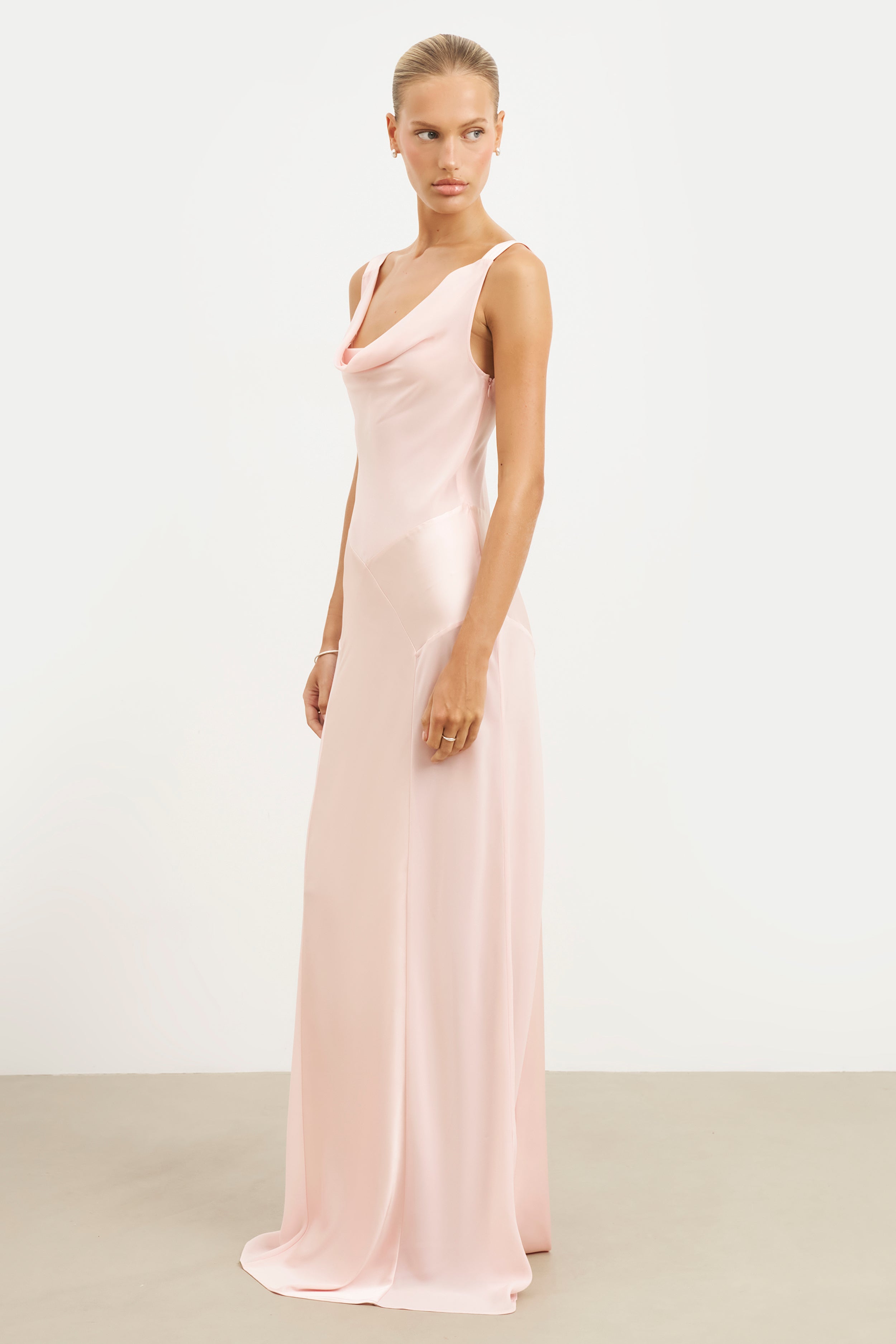 Cowl Neck Satin Panel Gown - Blush