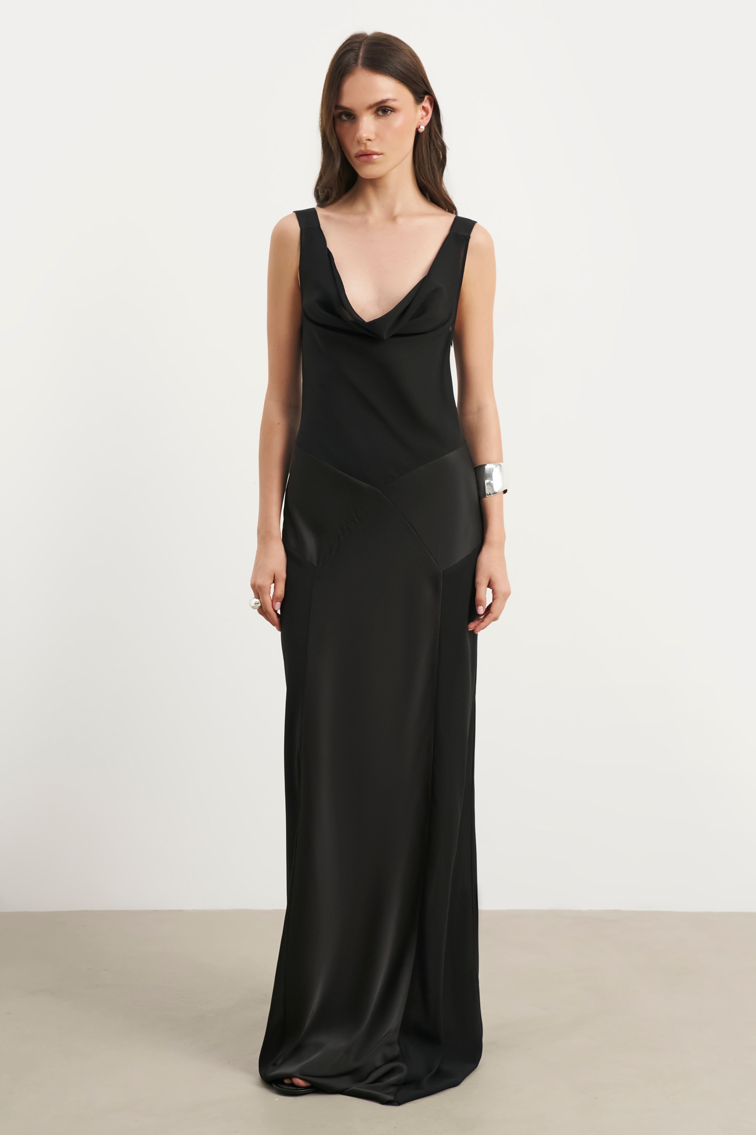 Cowl Neck Satin Panel Gown - Black