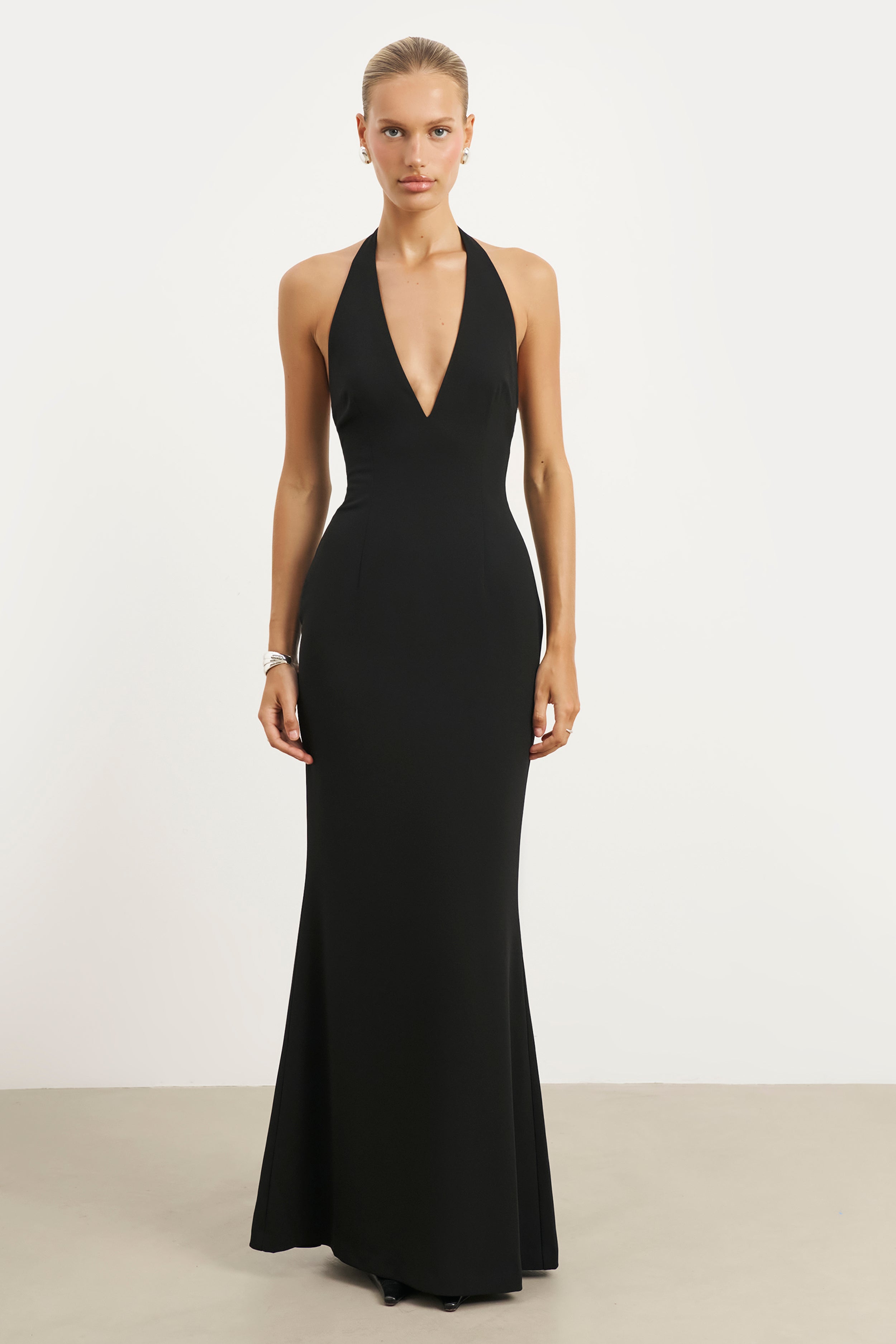 Plunging V Neck Halter Gown - Black