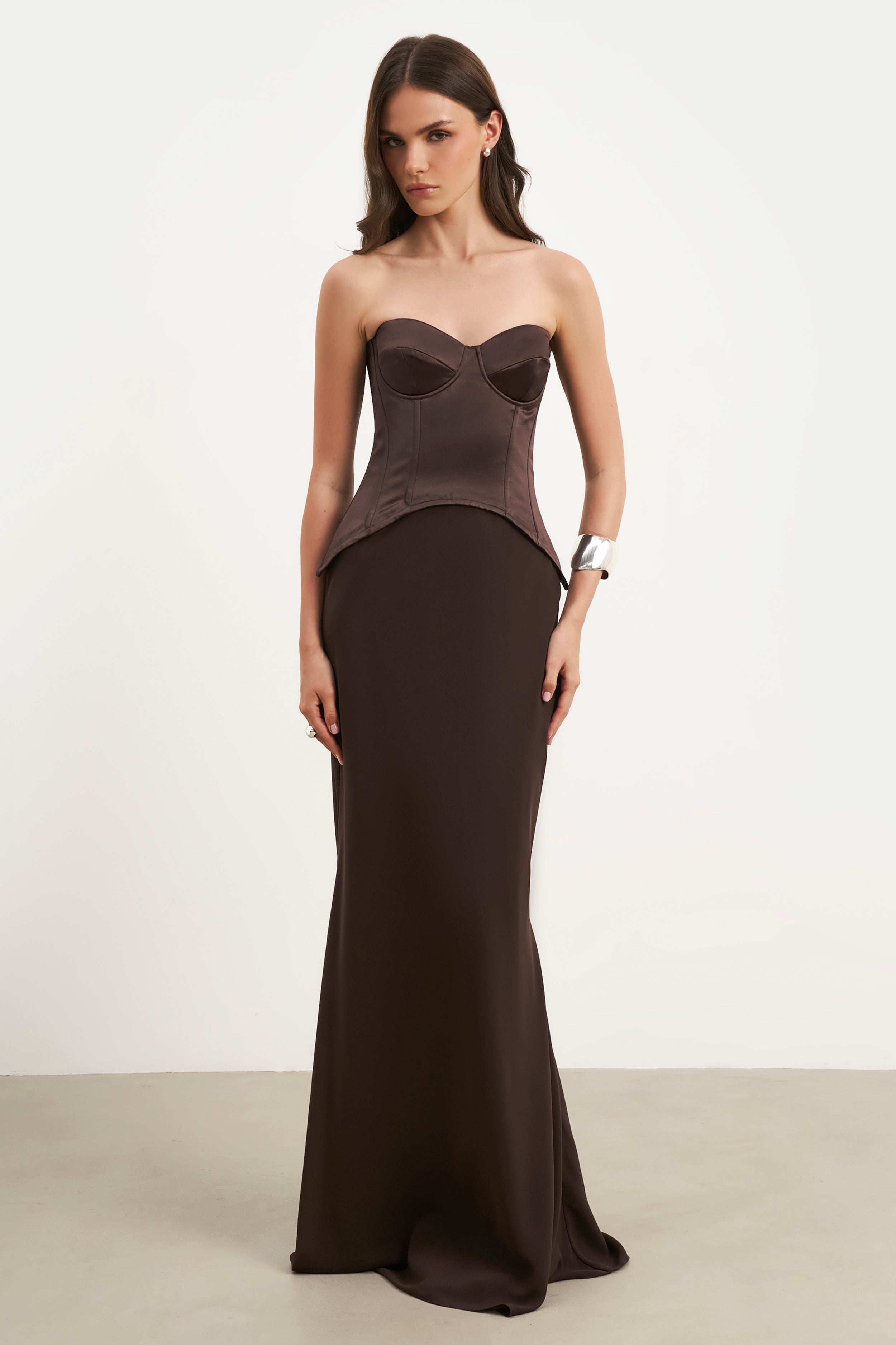 Satin Corset Gown with Sweetheart Neckline - Carob