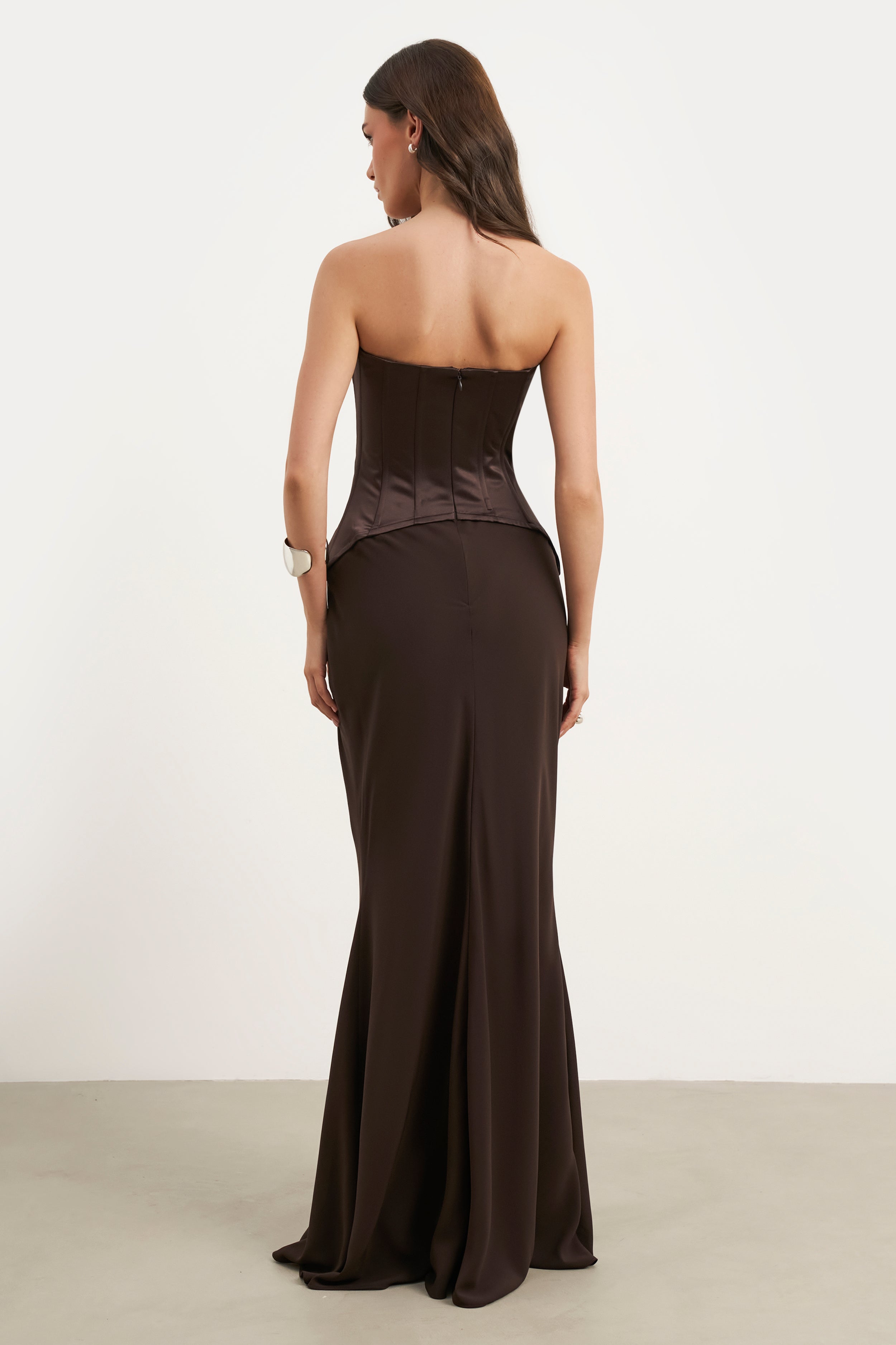 Satin Corset Gown with Sweetheart Neckline - Carob