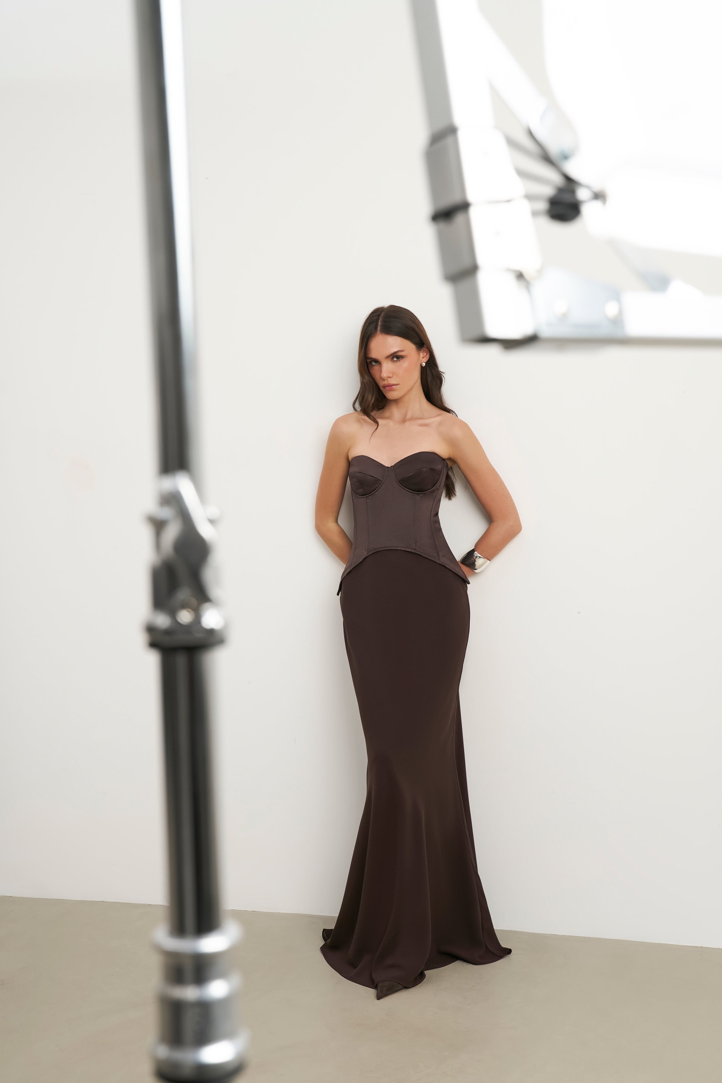 Satin Corset Gown with Sweetheart Neckline - Carob
