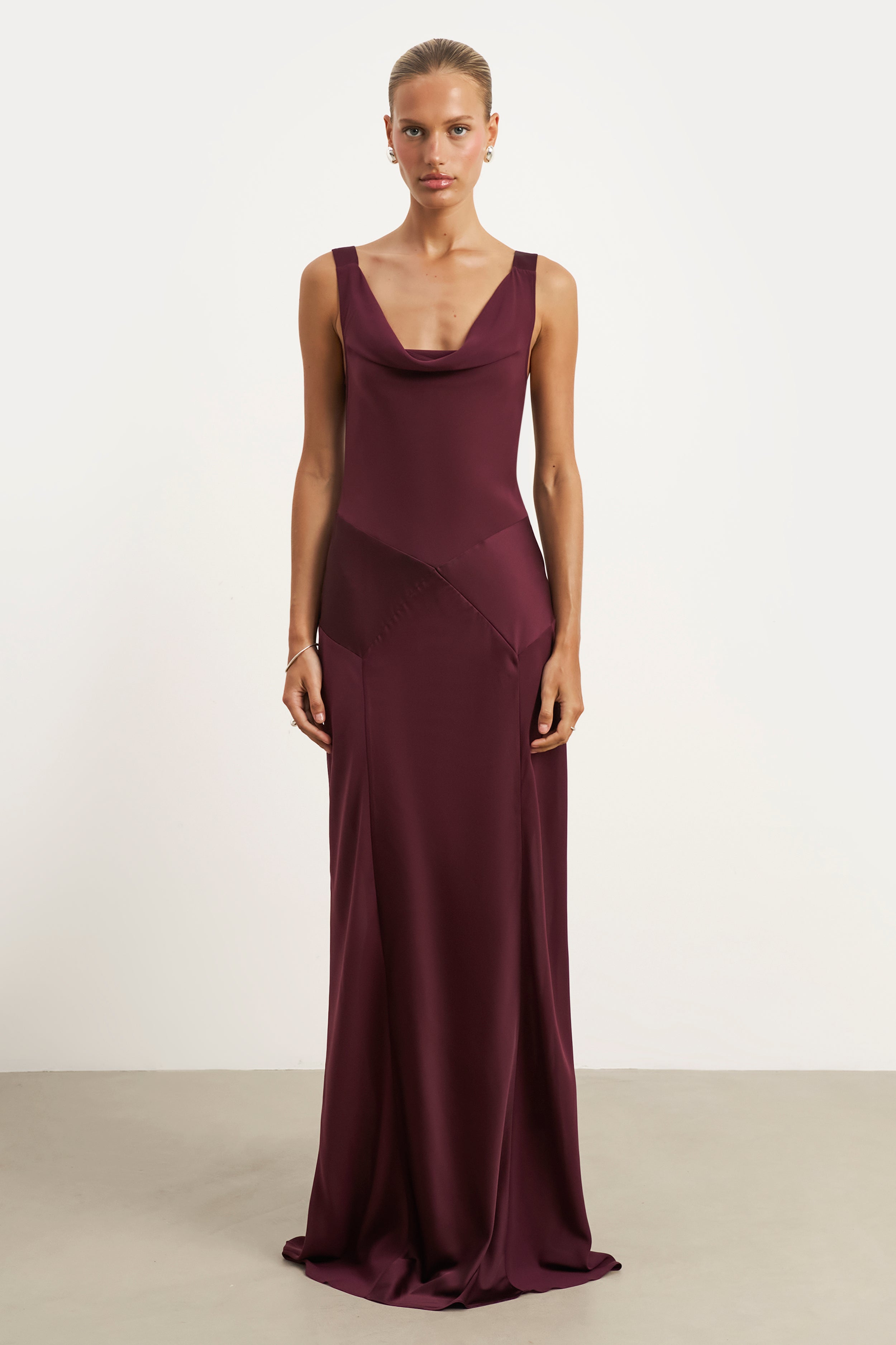 Cowl Neck Satin Panel Gown - Mulberry