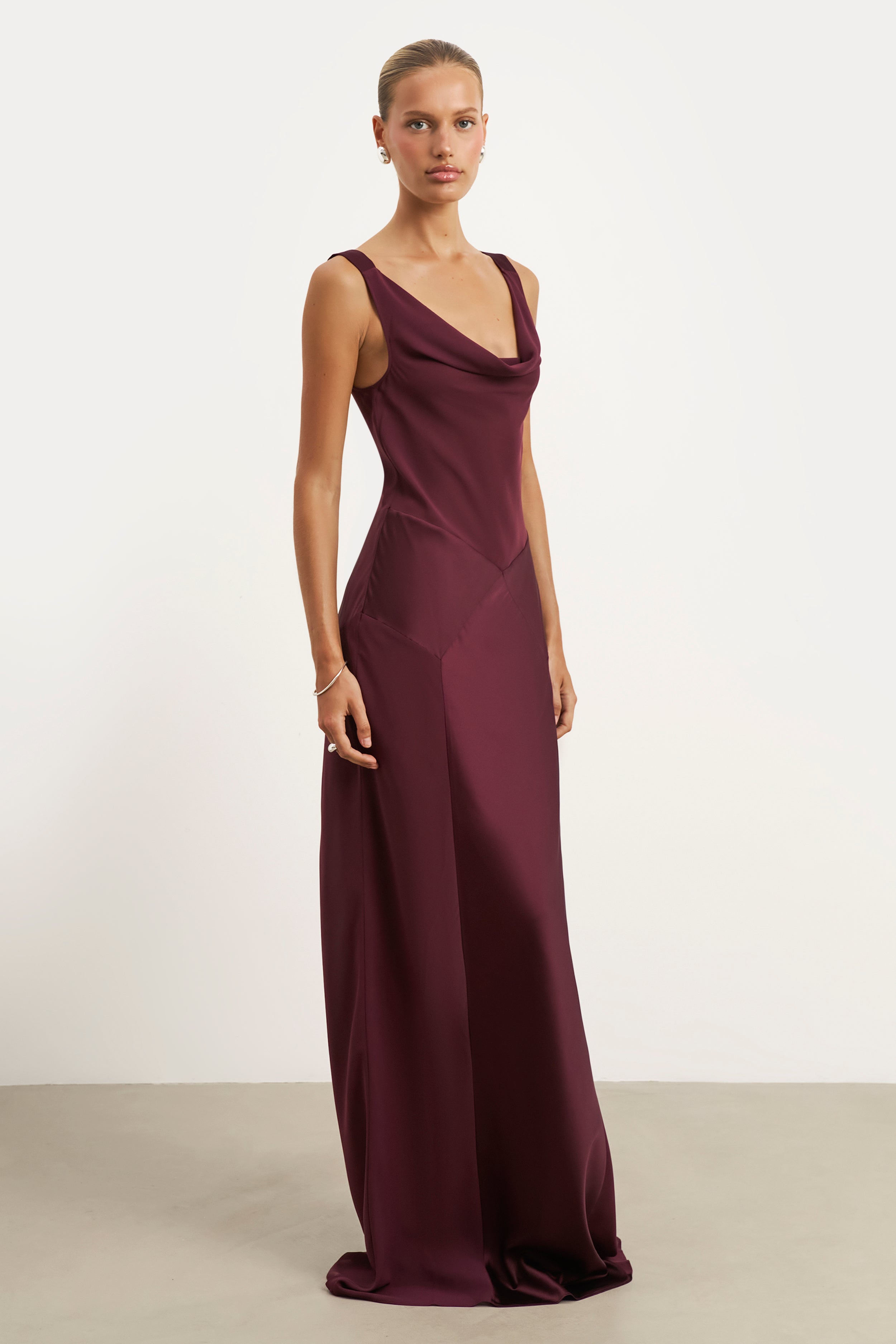 Cowl Neck Satin Panel Gown - Mulberry