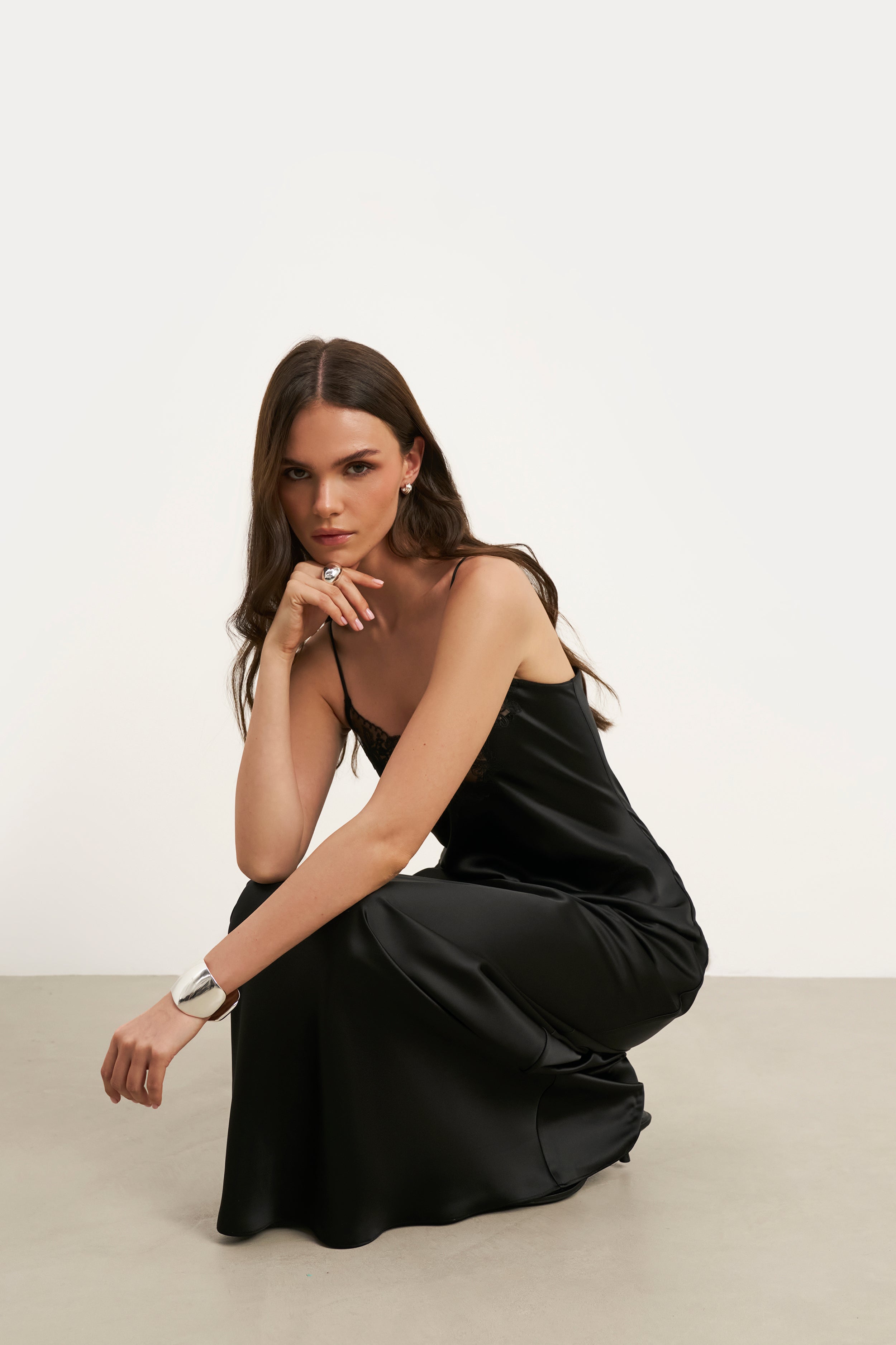 Satin Lace Detail Camisole Maxi Dress - Black