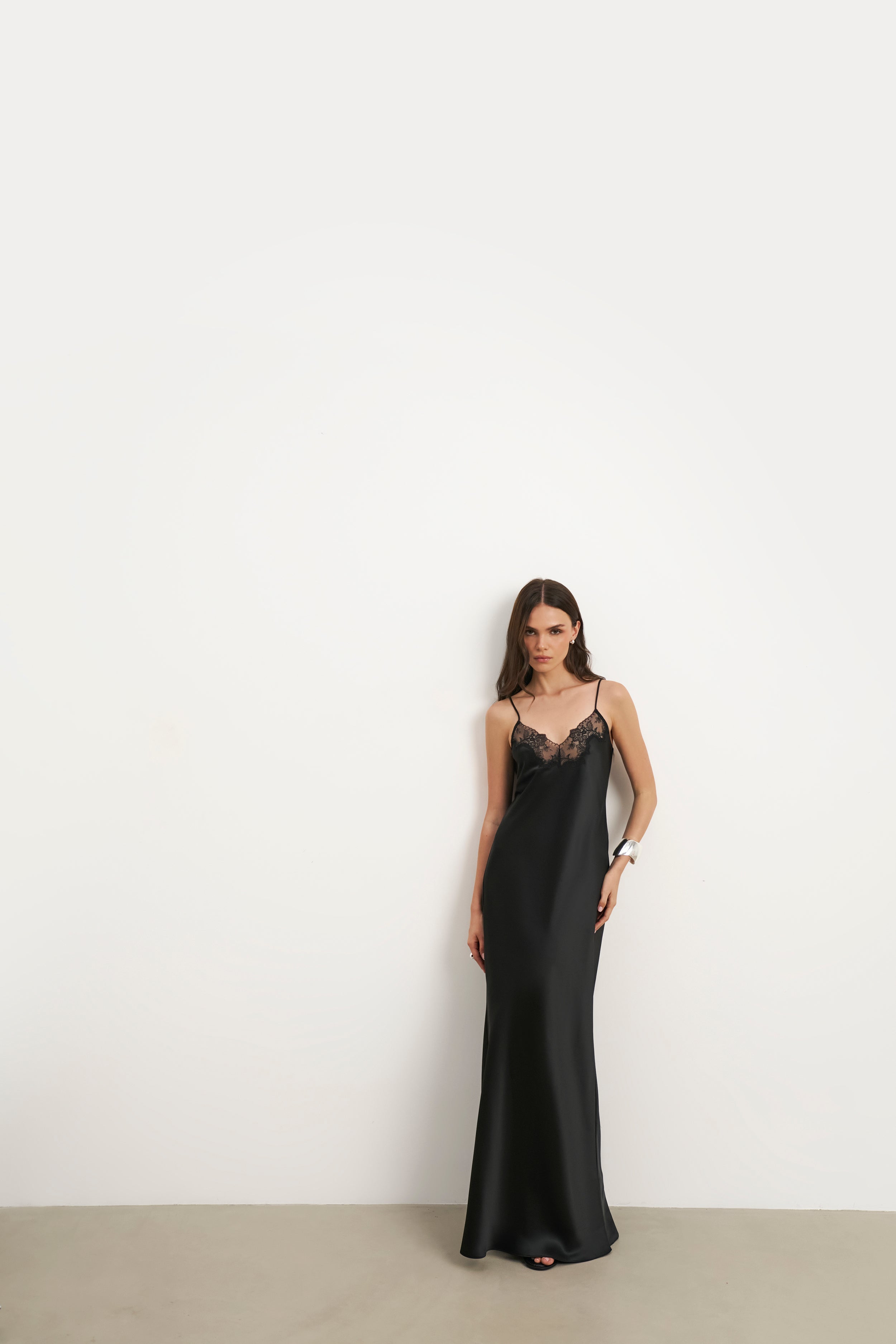 Satin Lace Detail Camisole Maxi Dress - Black