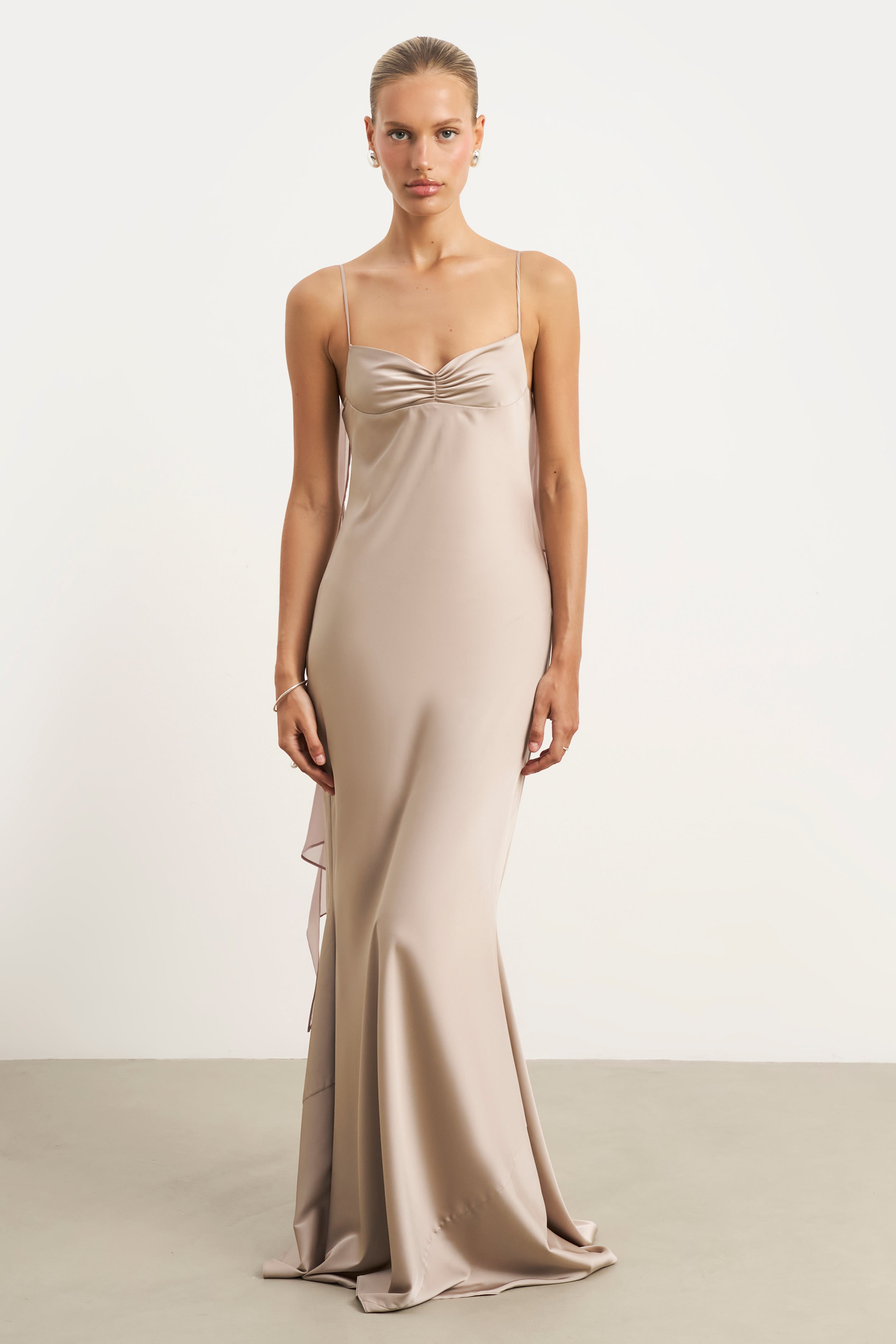 Ruched Bust Satin Slip Dress - Taupe
