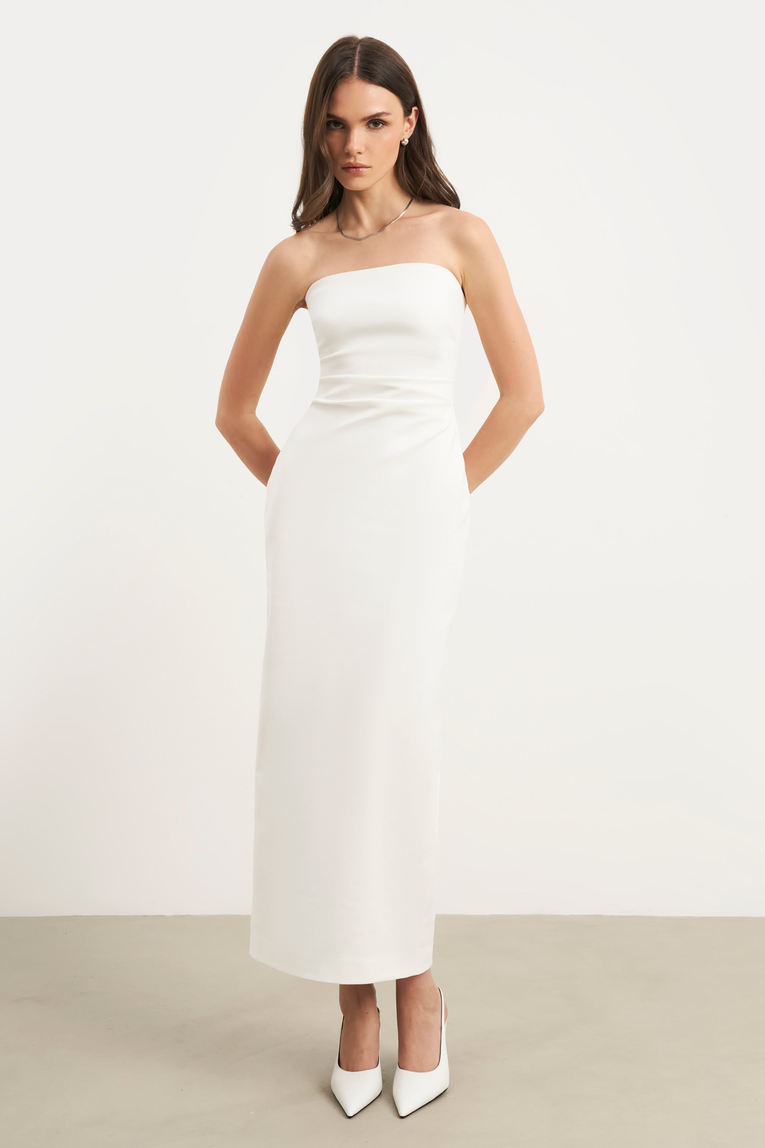 Strapless Ruched Midaxi Dress - White