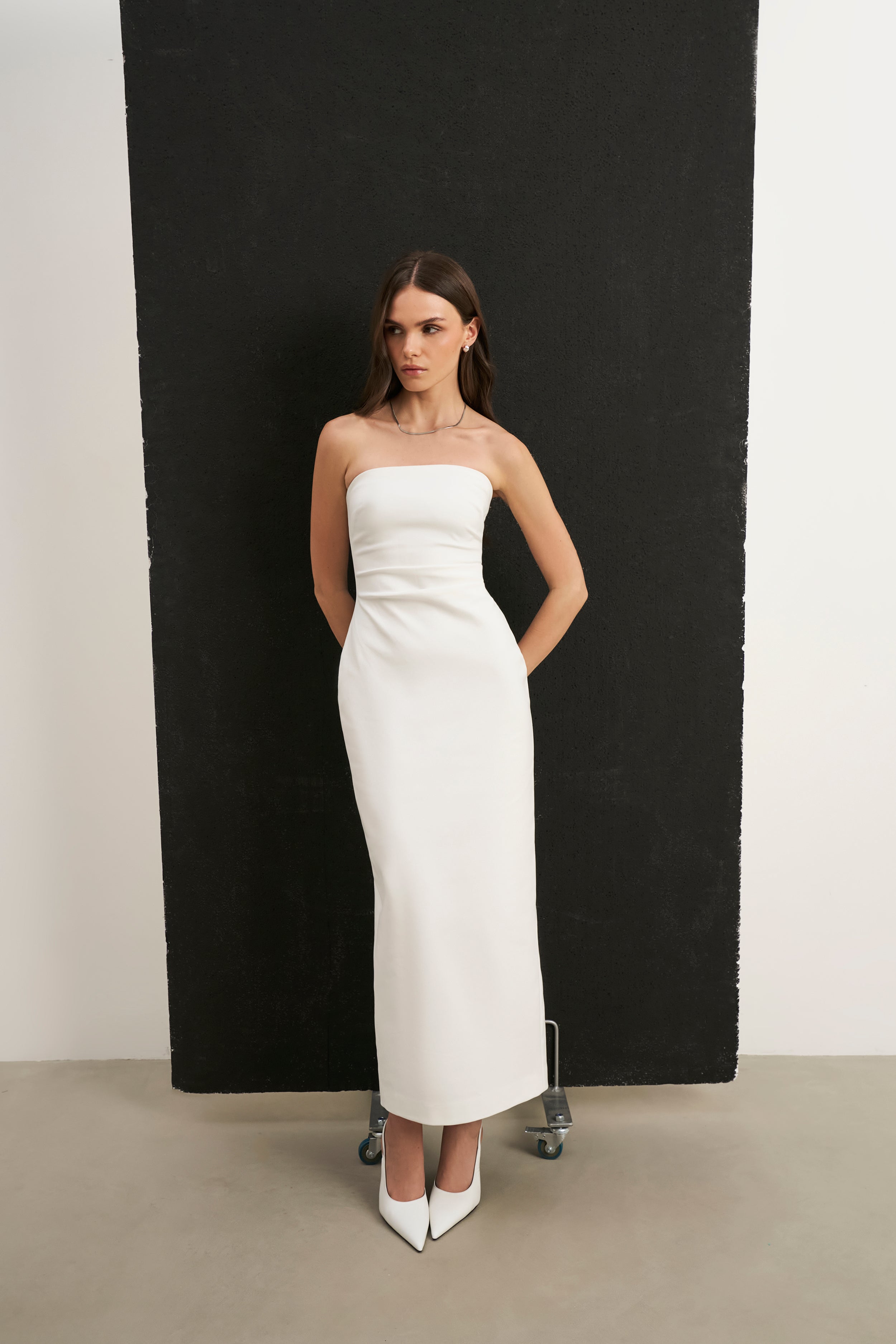 Strapless Ruched Midaxi Dress - White