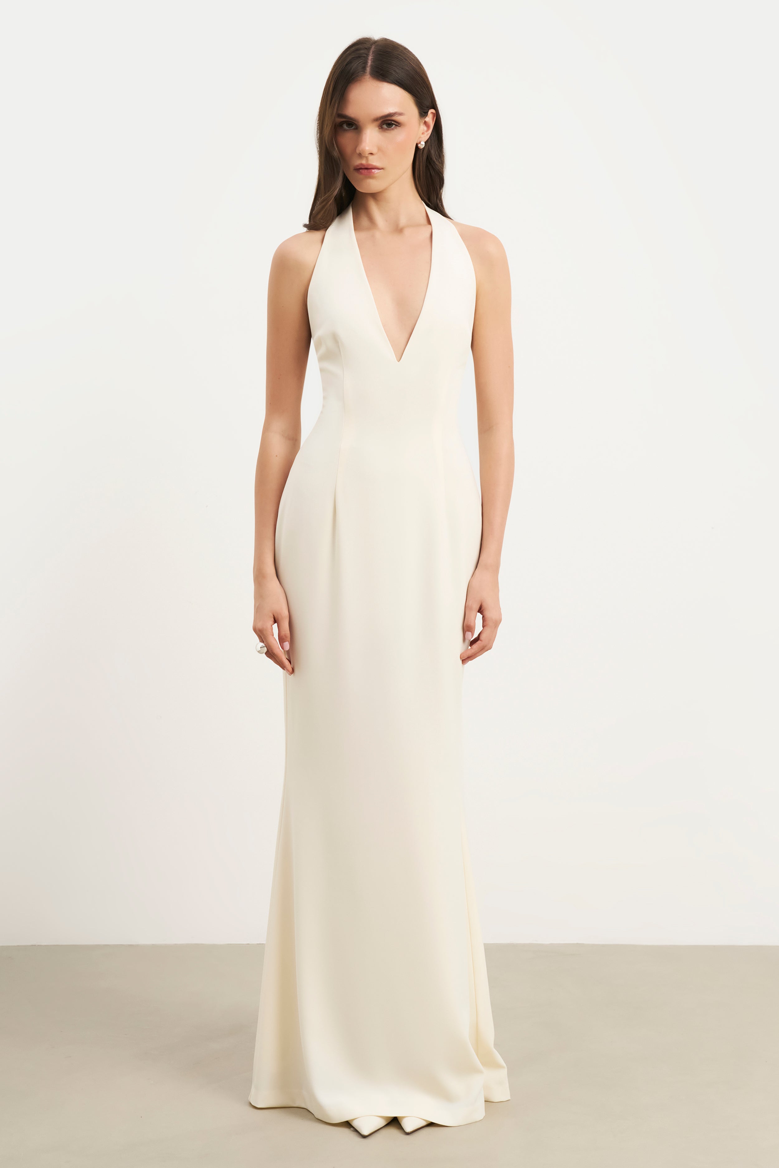 Plunging V Neck Halter Gown - Cream