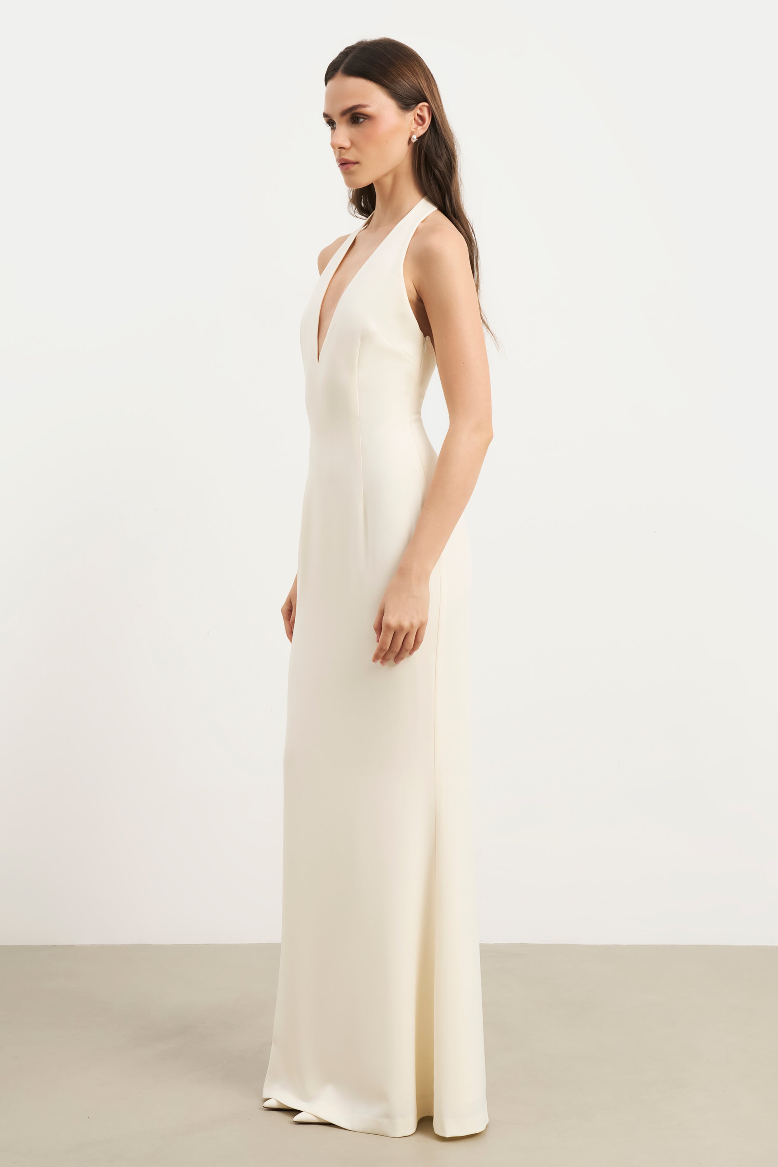 Plunging V Neck Halter Gown - Cream