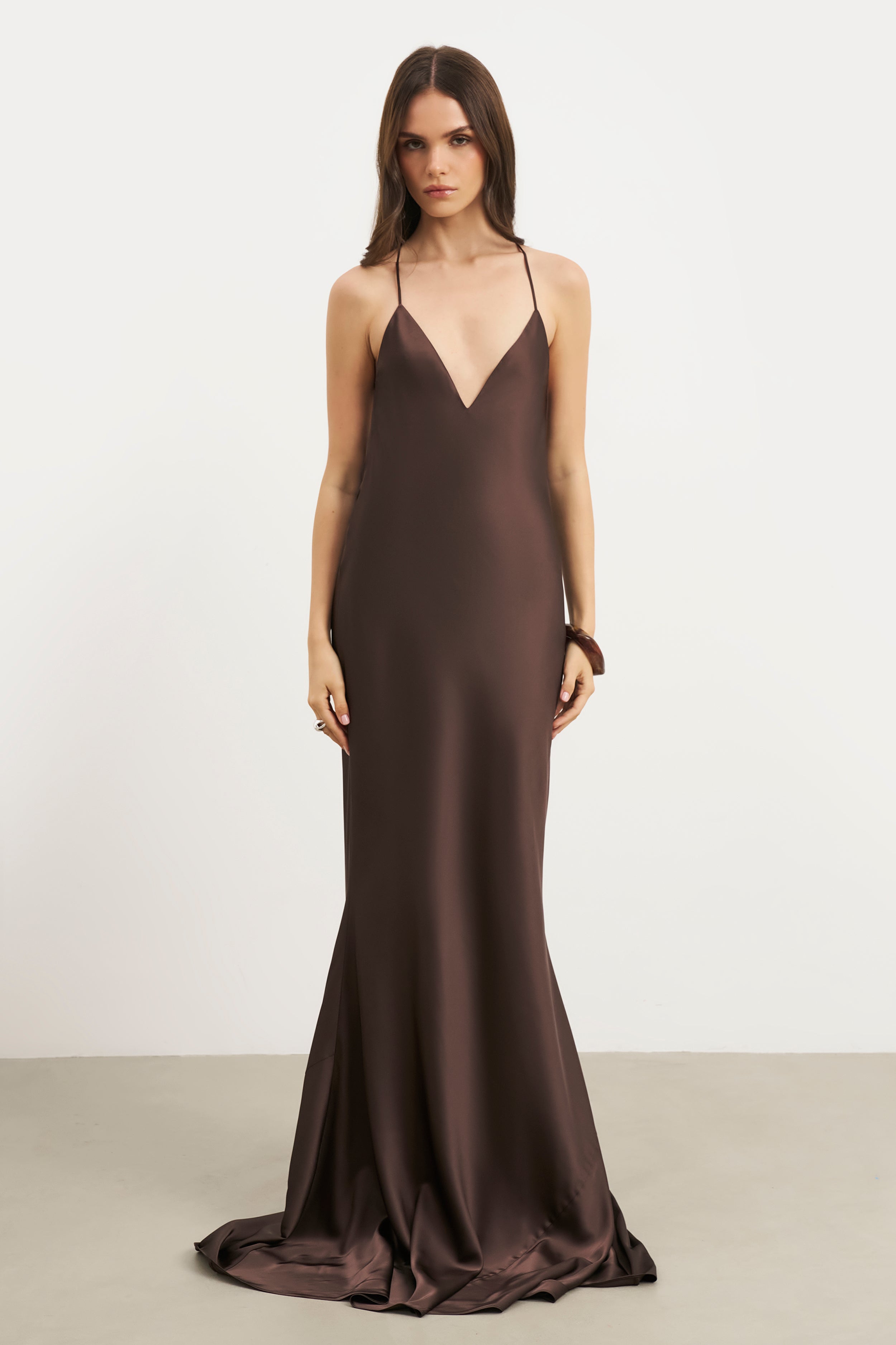 Satin Slinky Cowl Back Gown - Carob