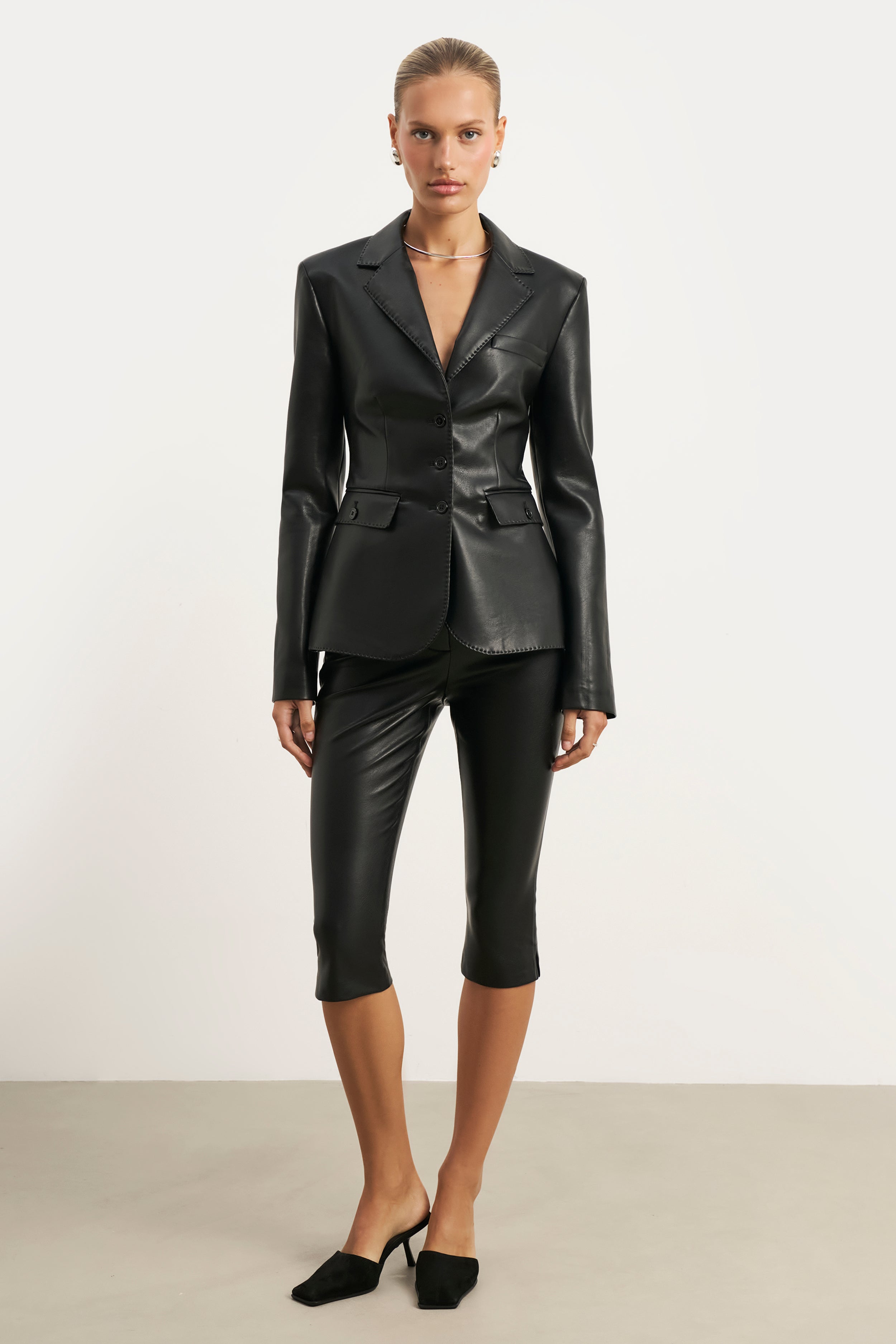 Tailored Leather Capri Leggings - Black