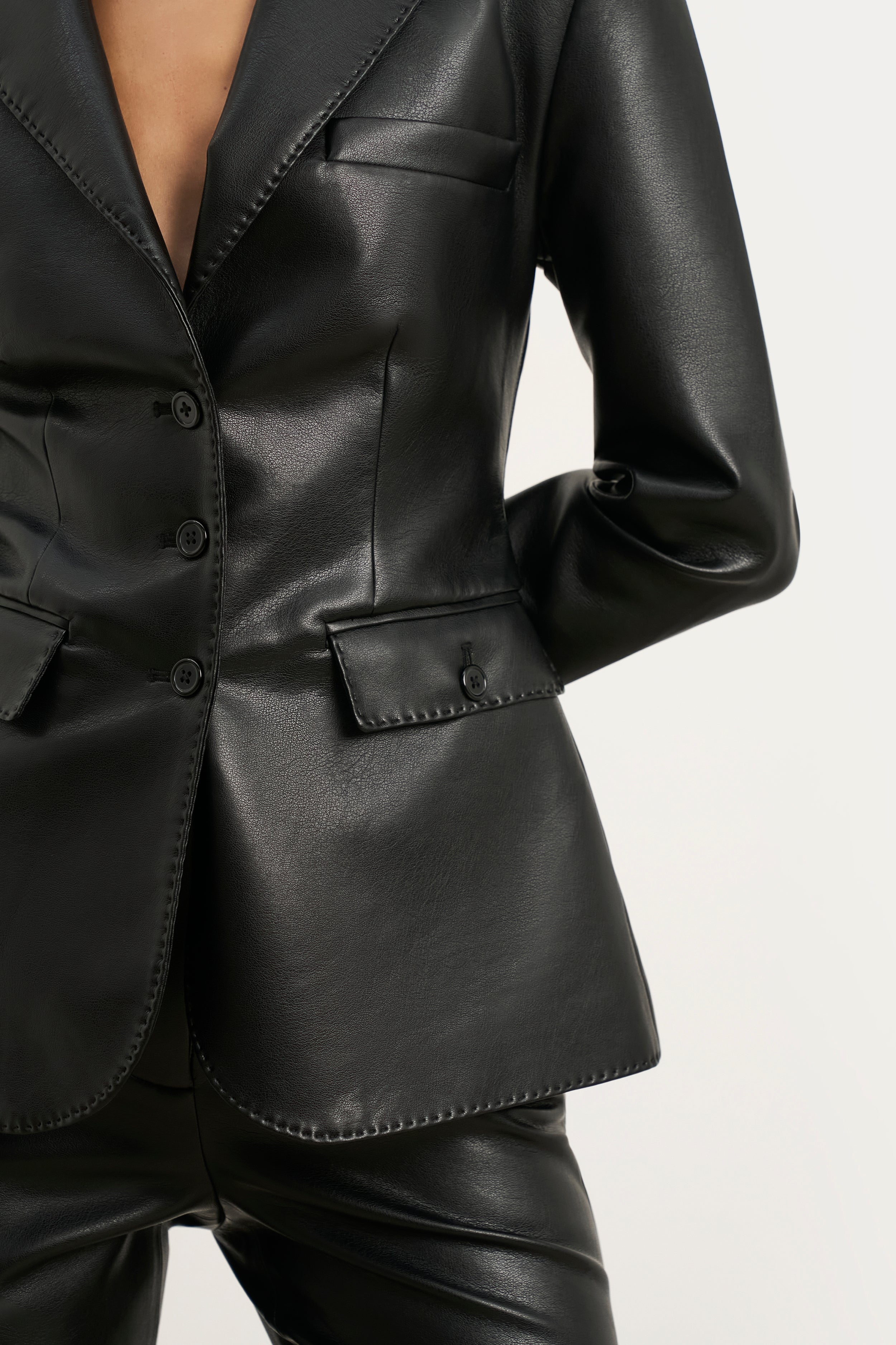 Cinched Waist Leather Blazer - Black
