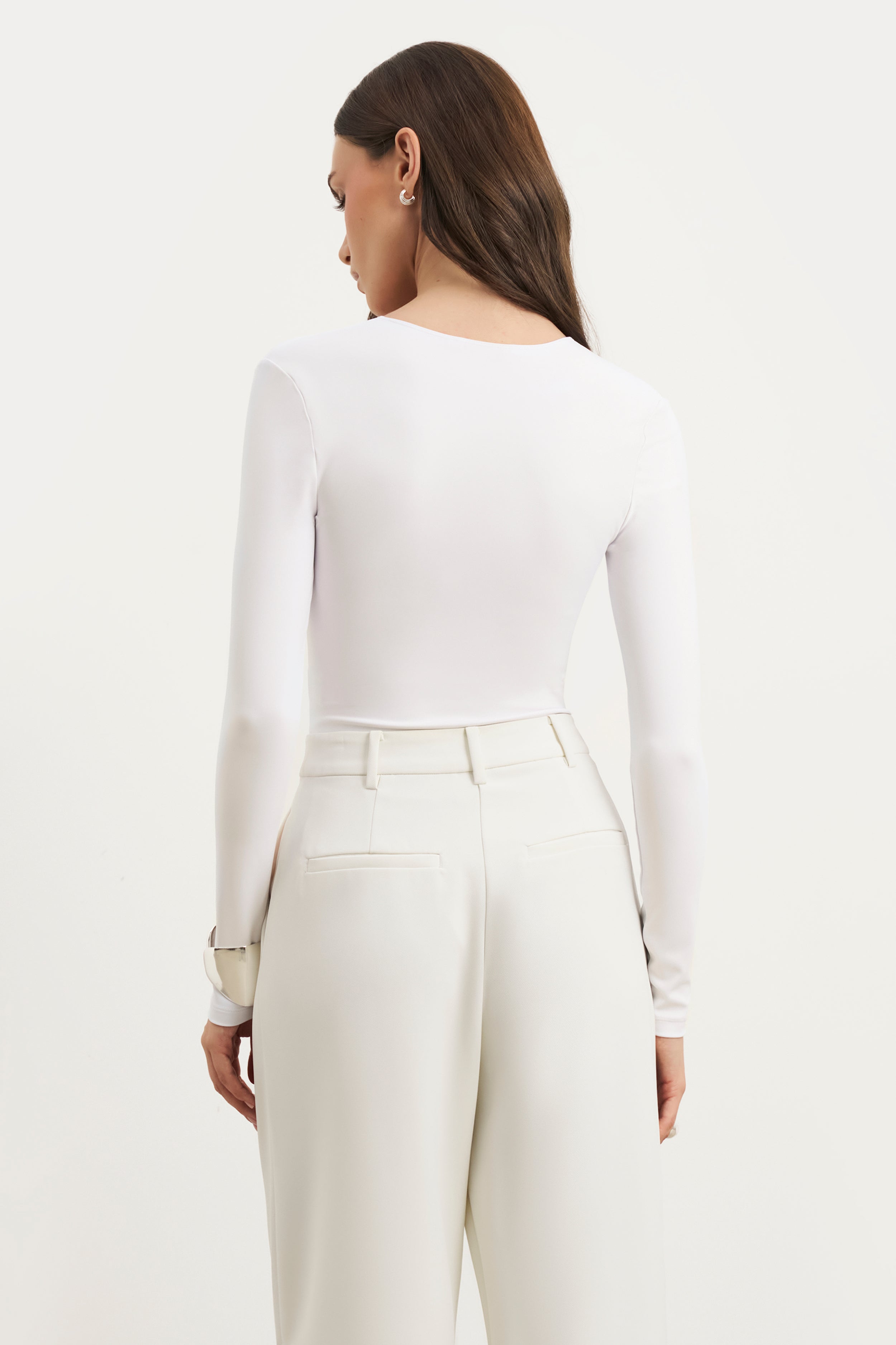 Longsleeve V Neck Plunge Bodysuit - White