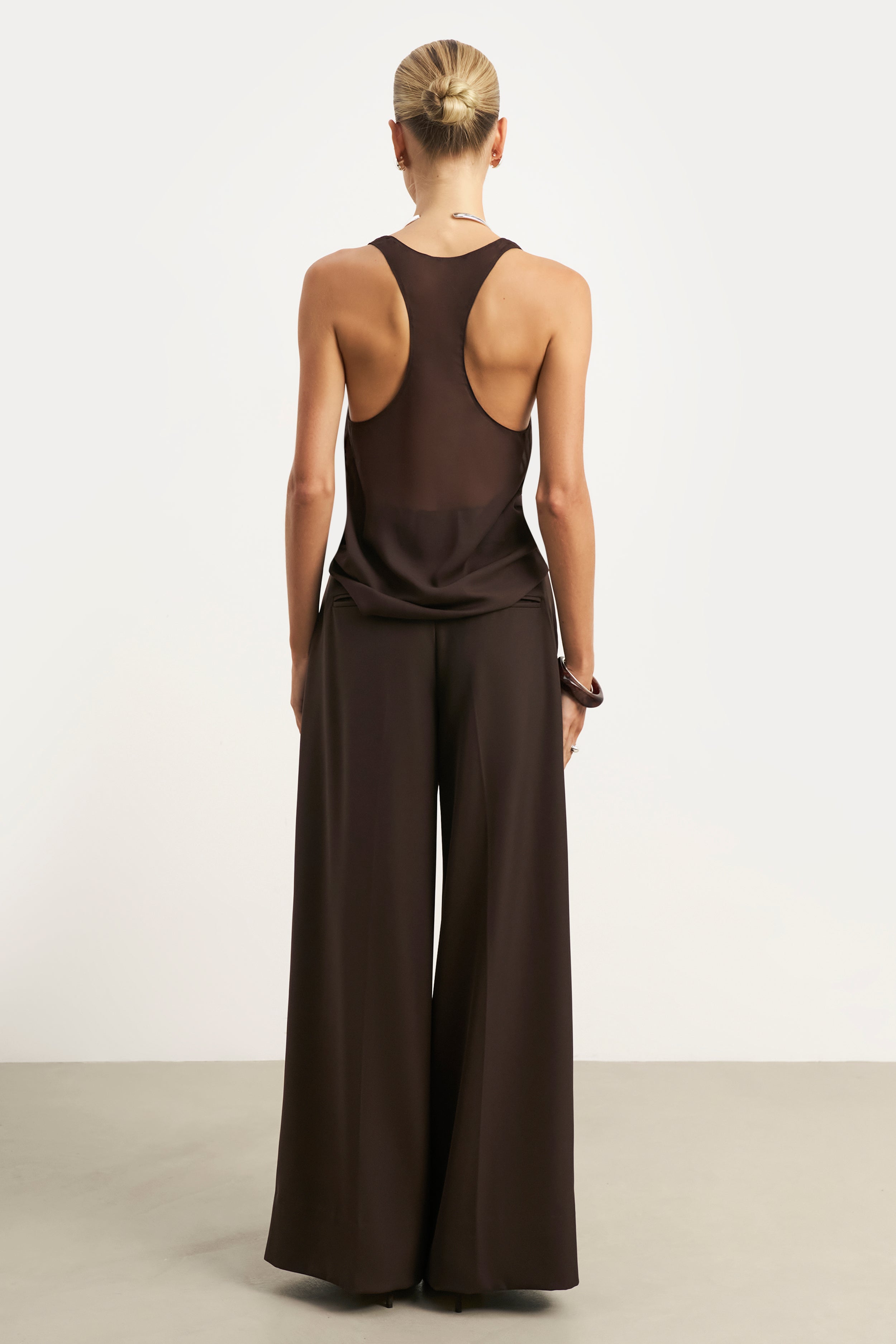 Sheer Plunge U Neck Tank Top - Carob