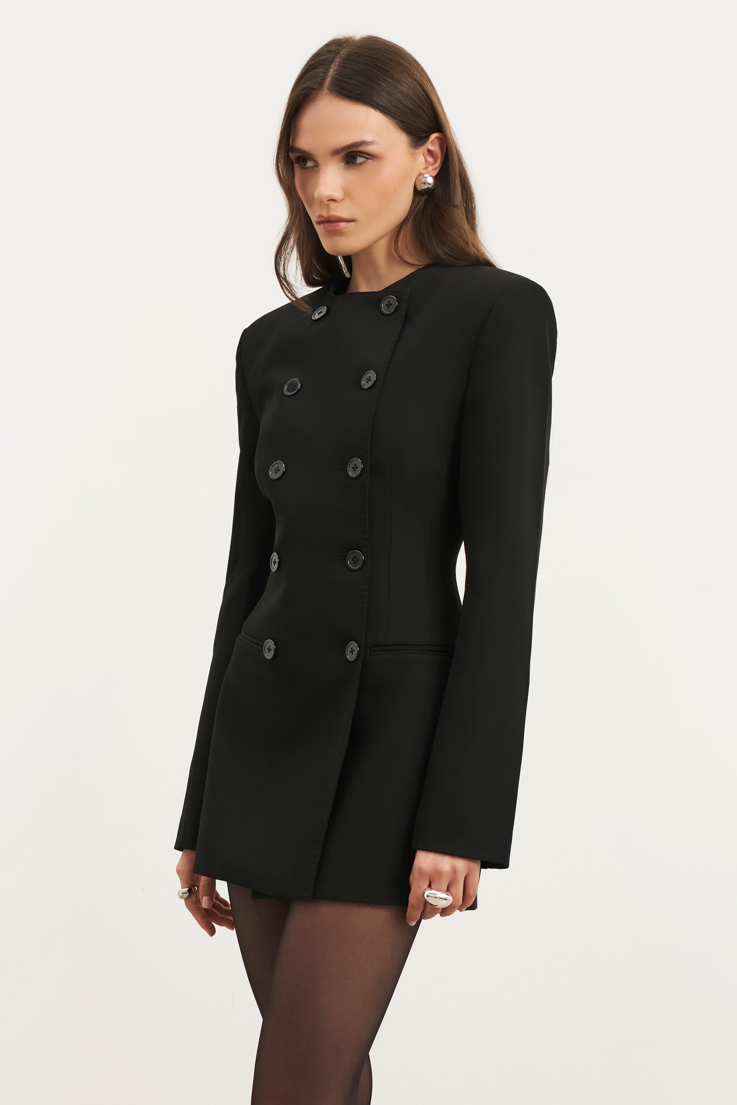 Tailored Collarless Blazer Dress - Black