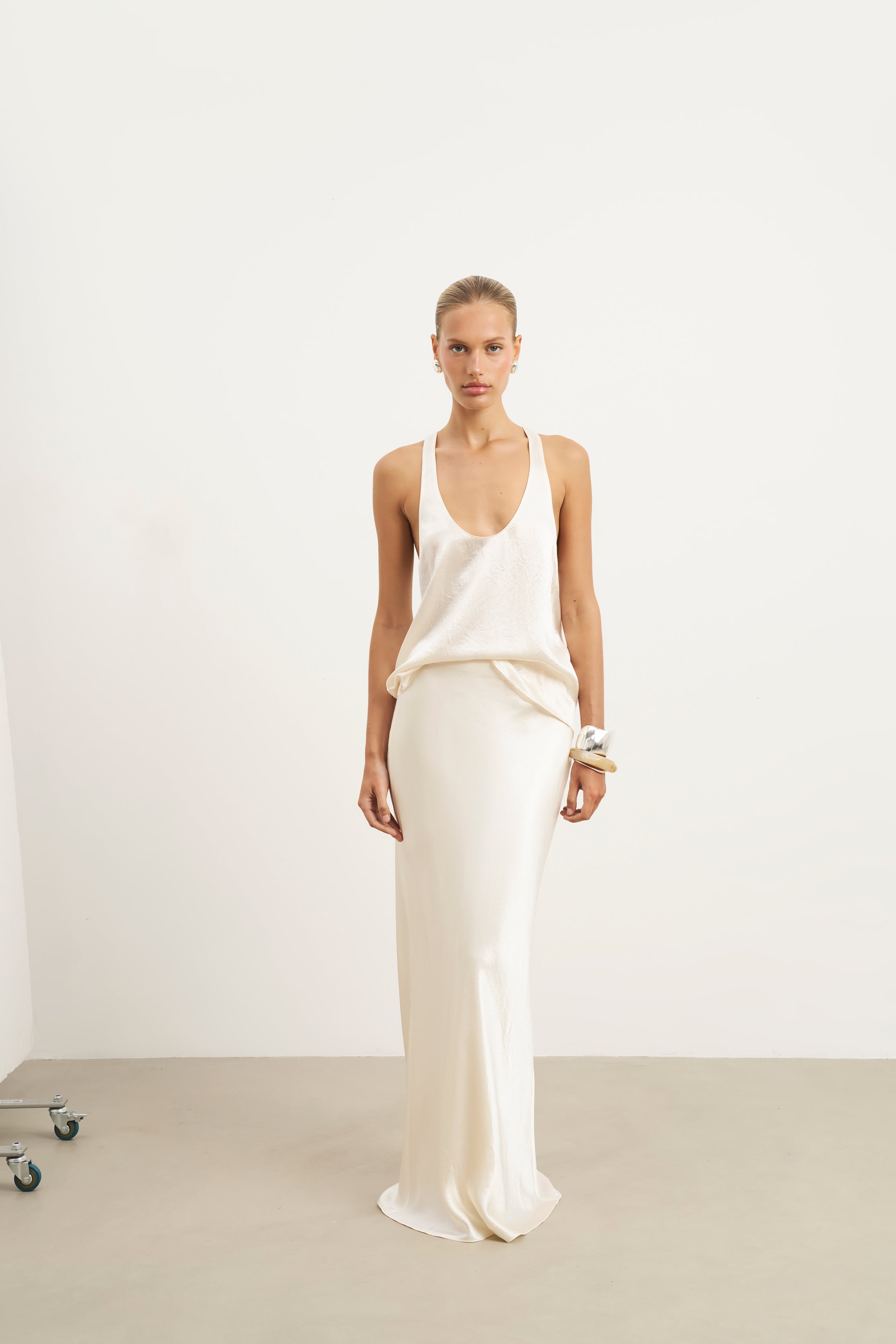 Crushed Satin Plunge U Neck Tank Top - Champagne