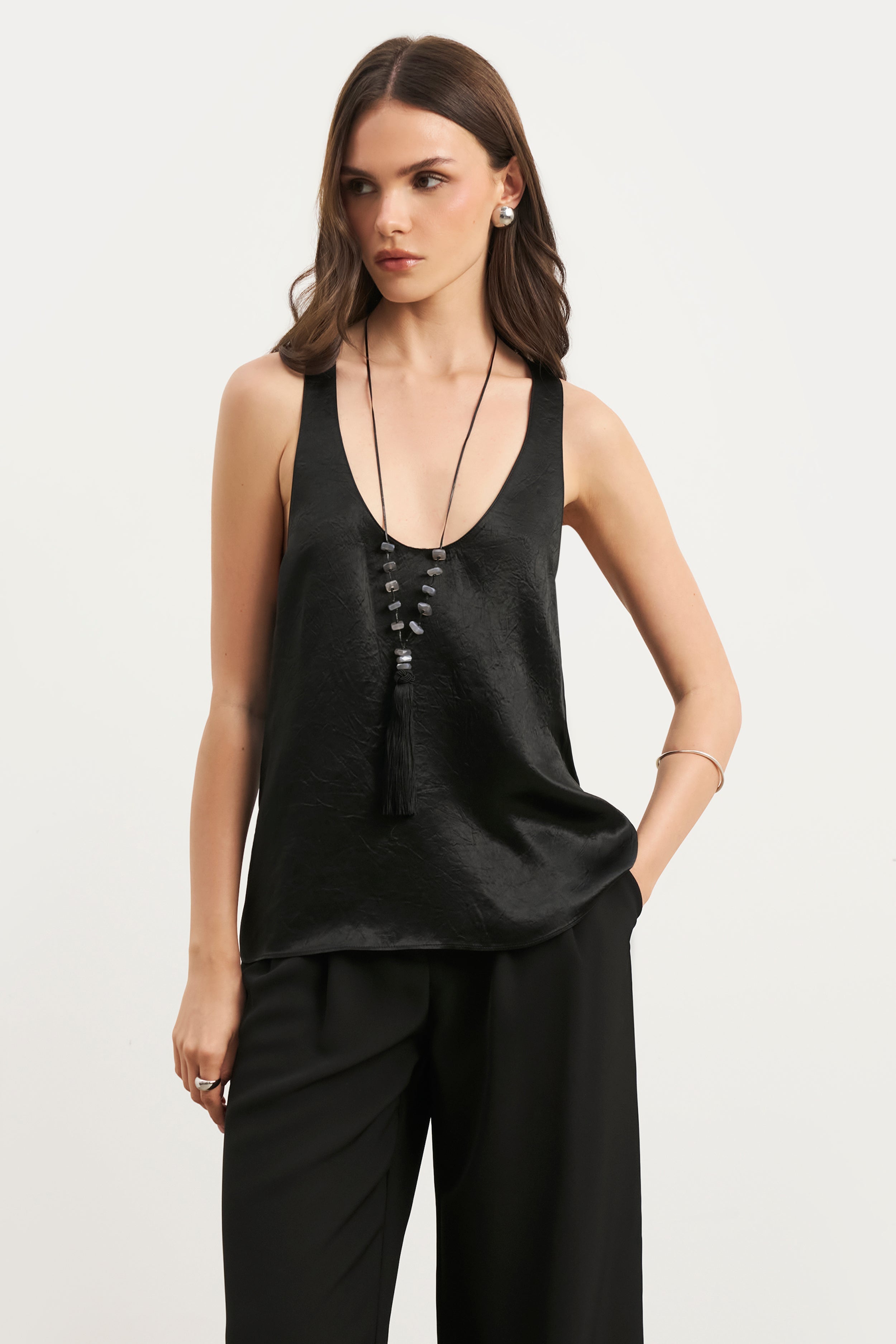 Crushed Satin Plunge U Neck Tank Top - Black