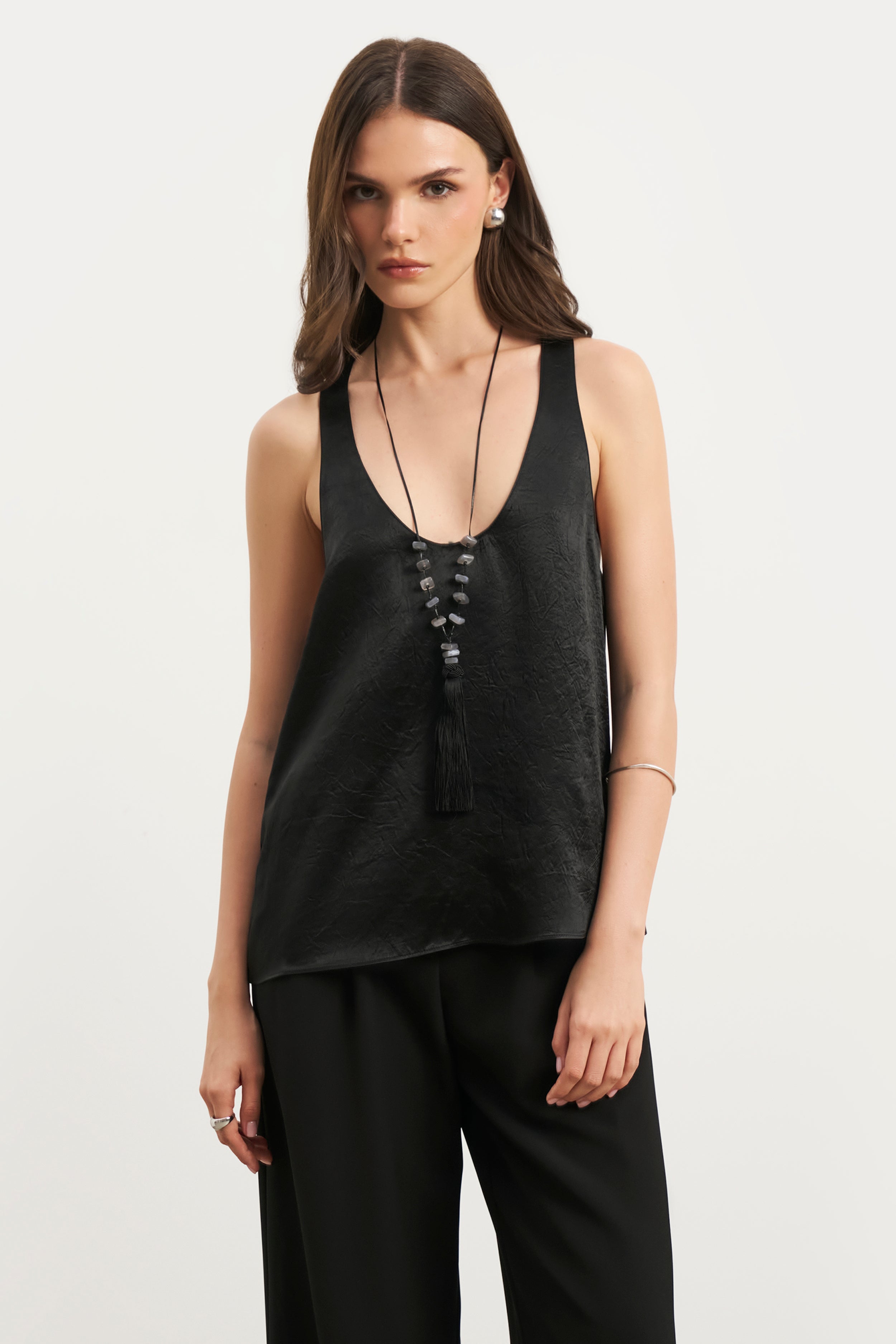 Crushed Satin Plunge U Neck Tank Top - Black