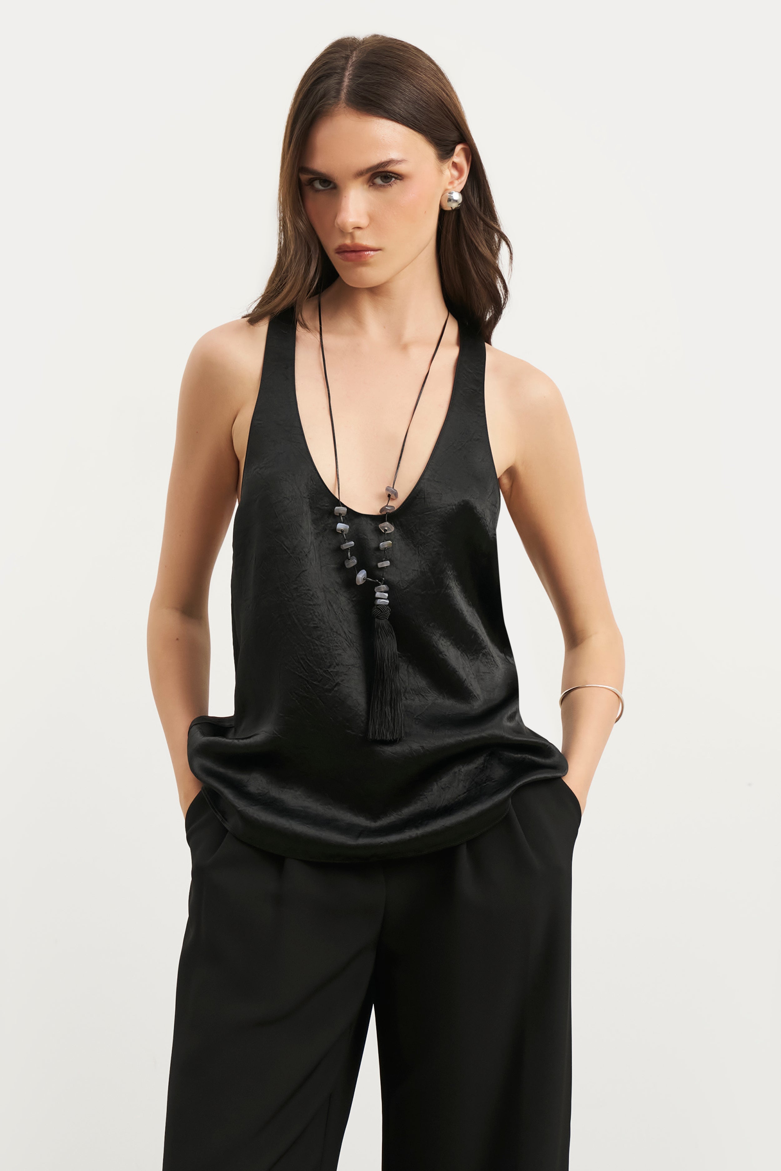 Crushed Satin Plunge U Neck Tank Top - Black