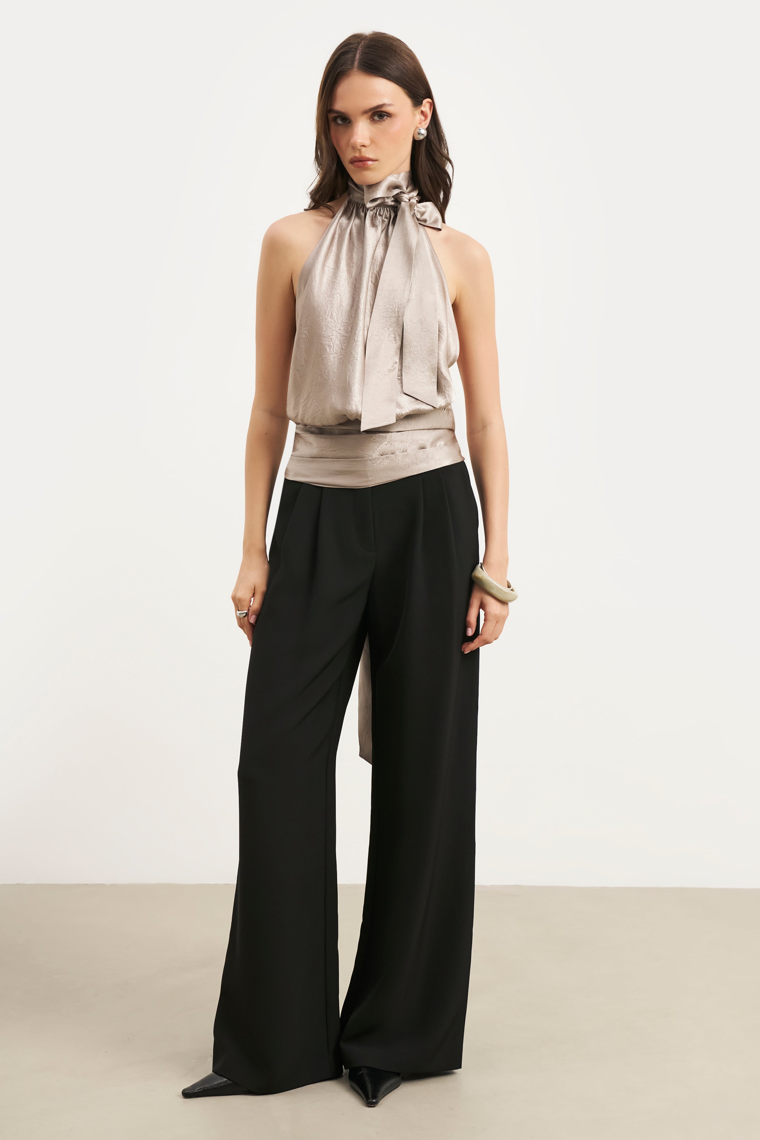 Crushed Satin Backless Halterneck Top - Pebble