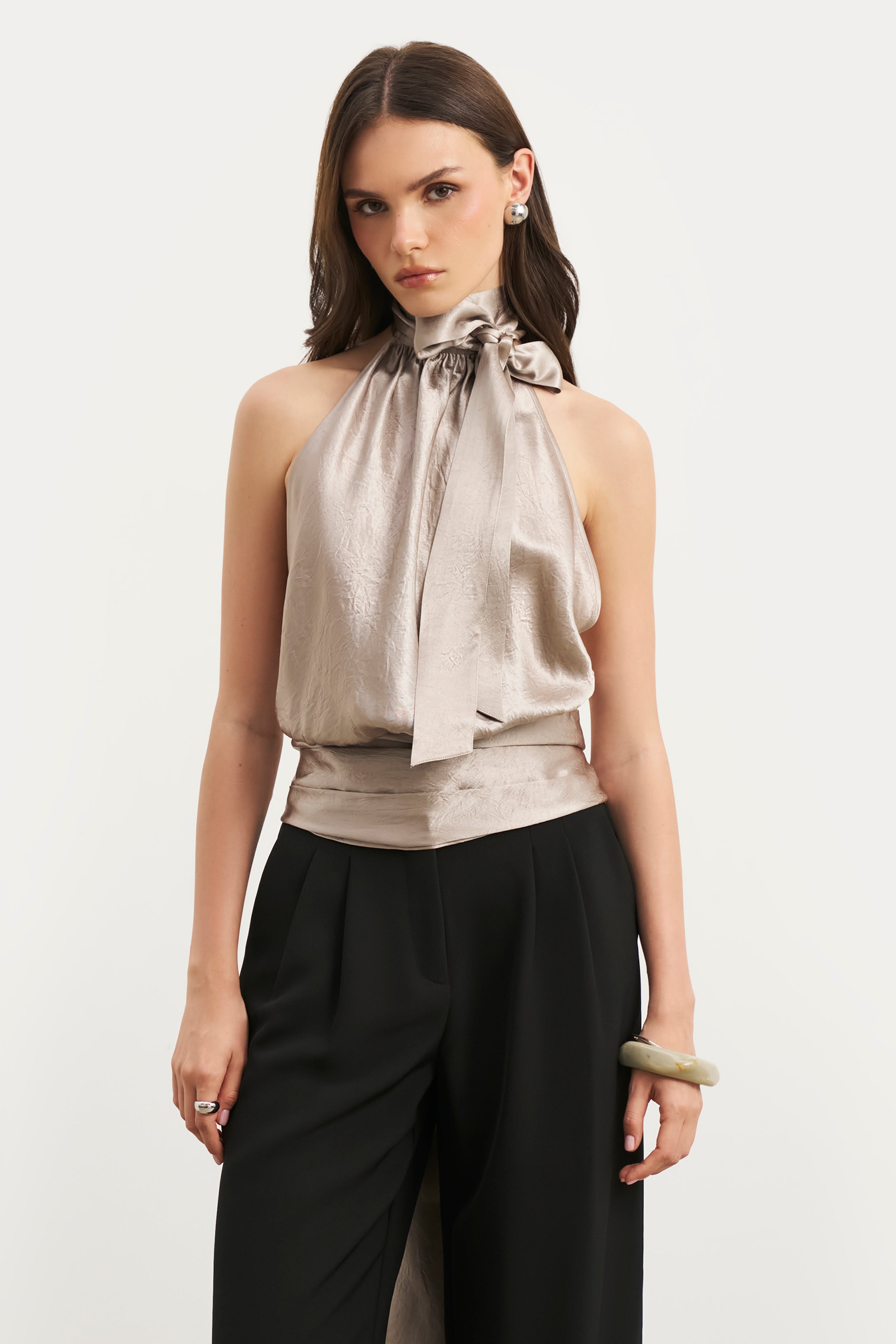 Crushed Satin Backless Halterneck Top - Pebble
