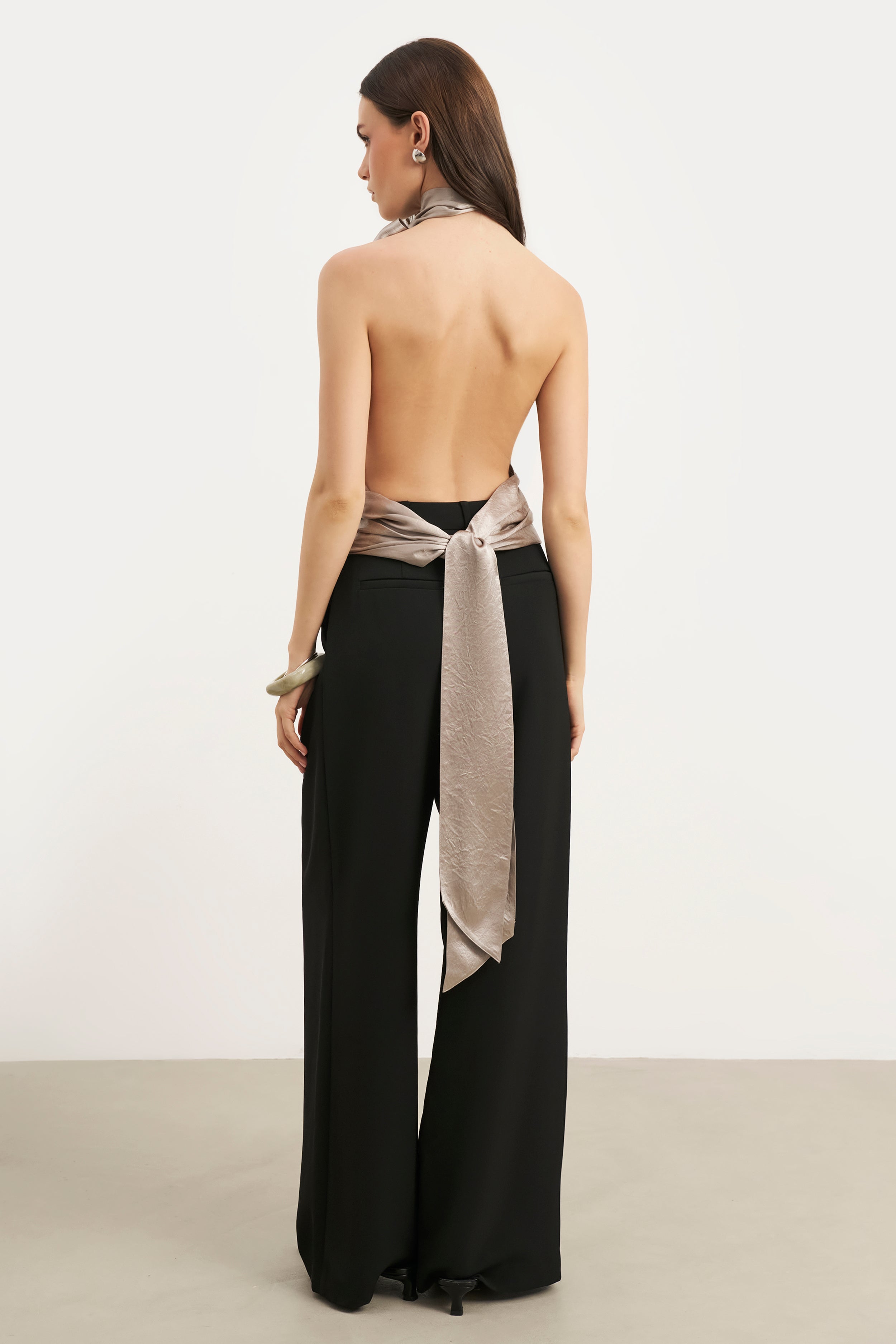 Crushed Satin Backless Halterneck Top - Pebble