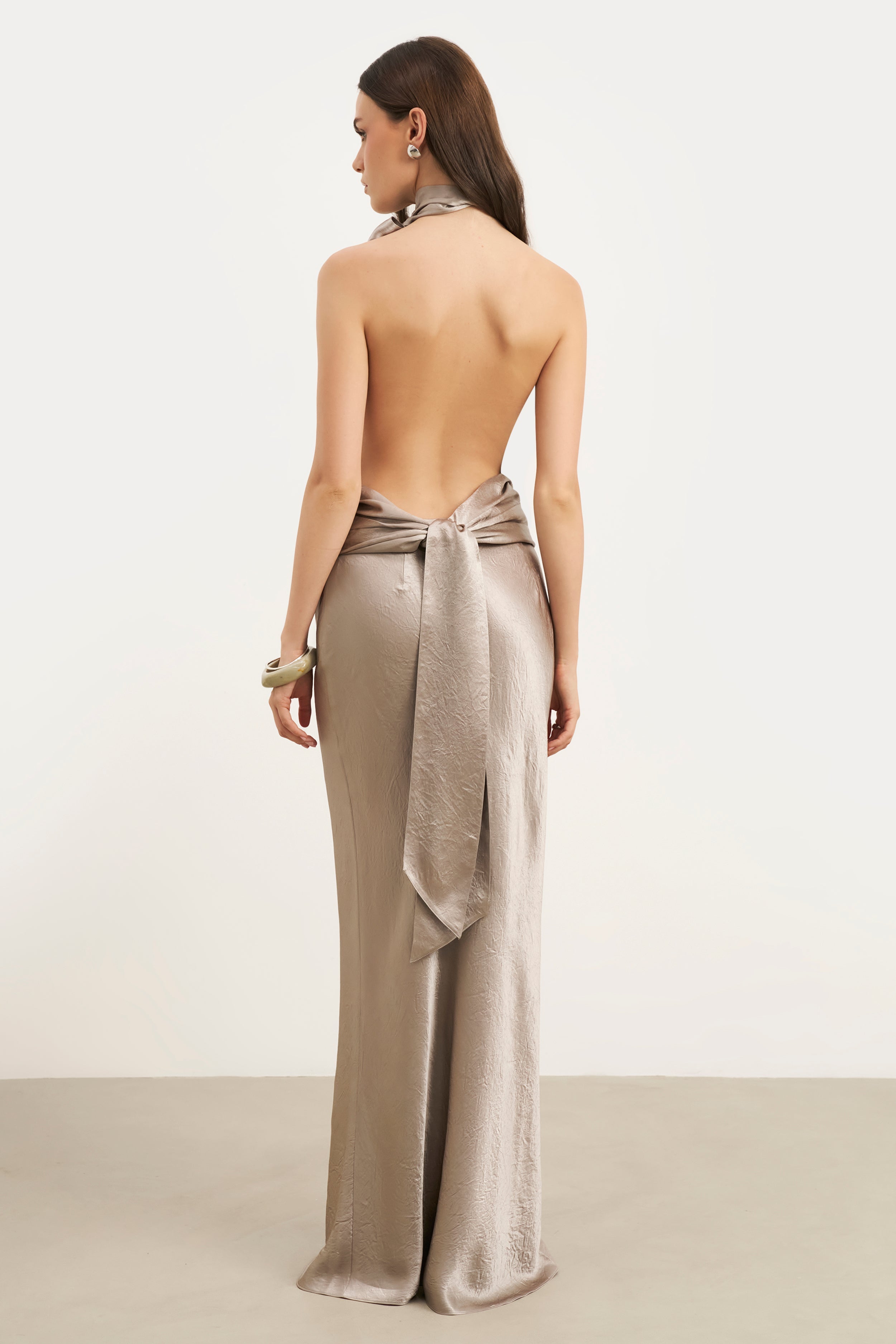 Crushed Satin Bias Cut Maxi Skirt - Pebble