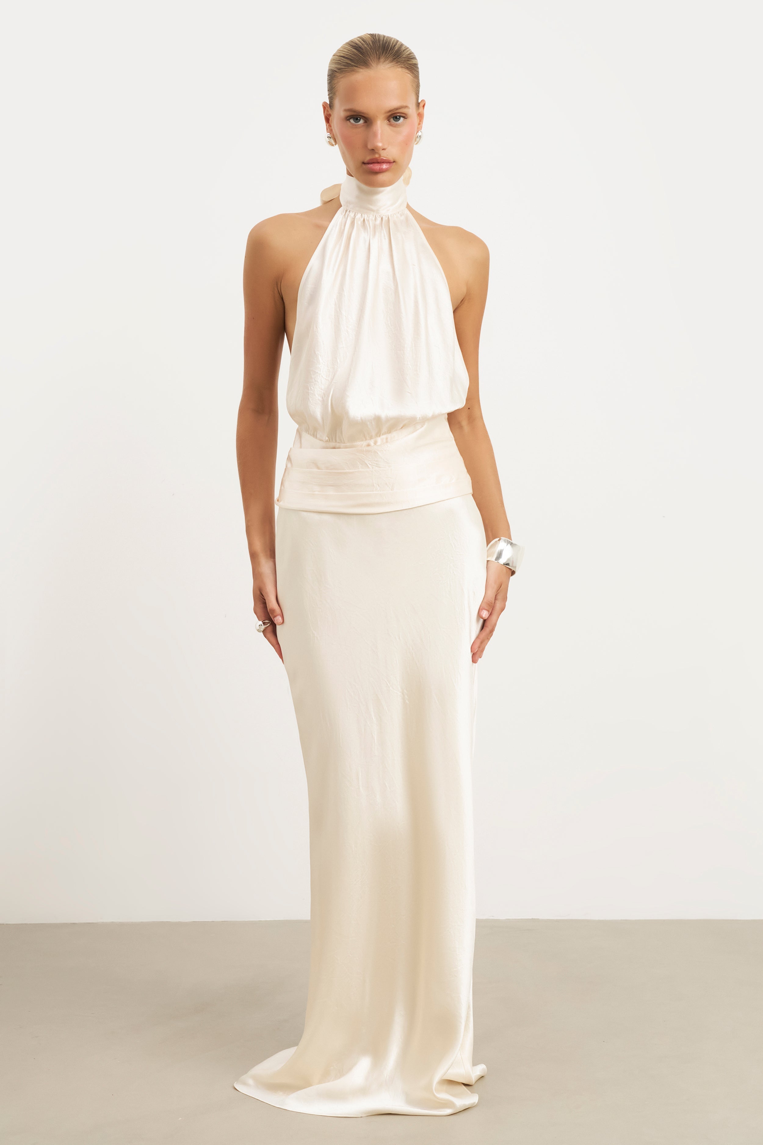Crushed Satin Backless Halterneck Top - Champagne
