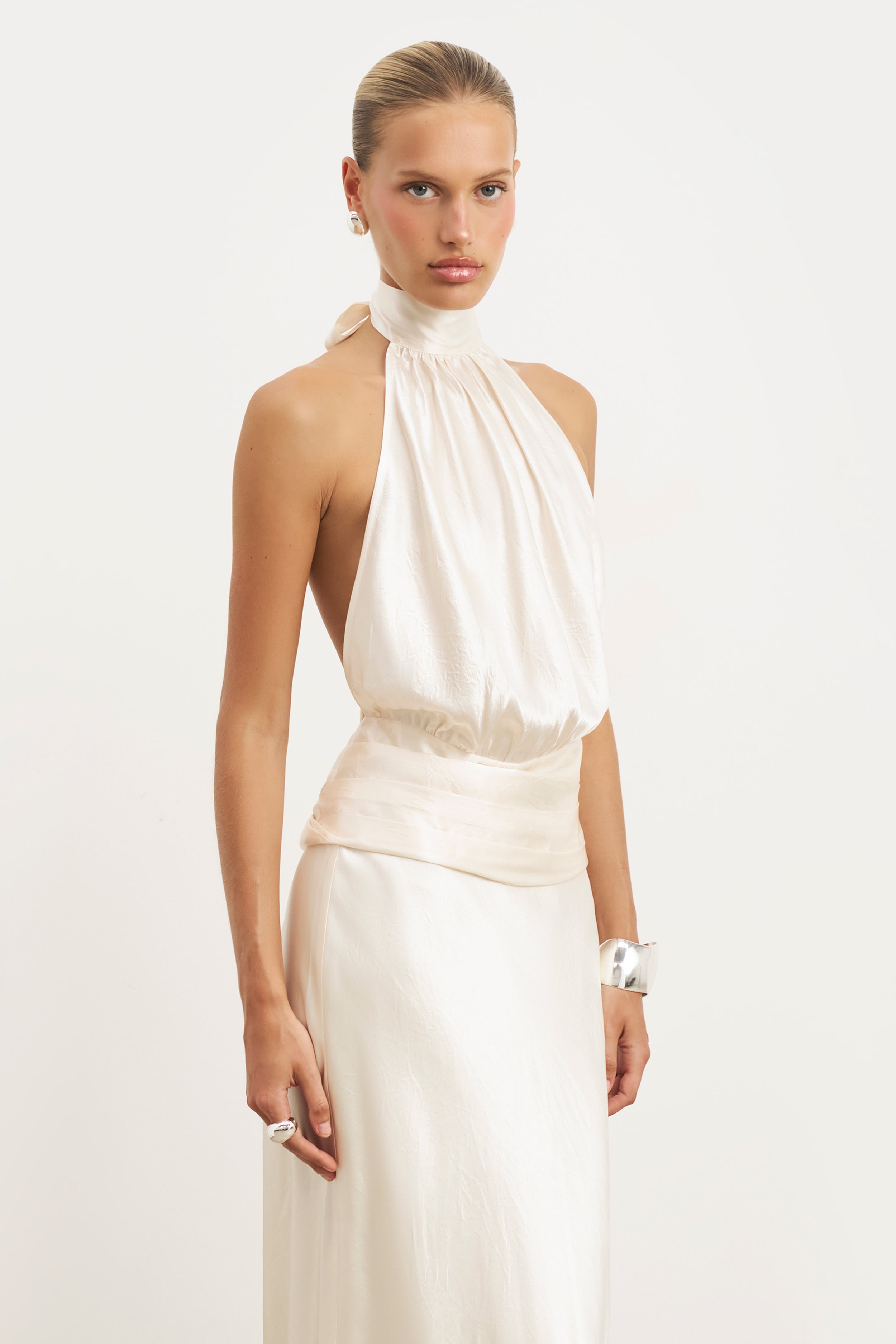 Crushed Satin Backless Halterneck Top - Champagne