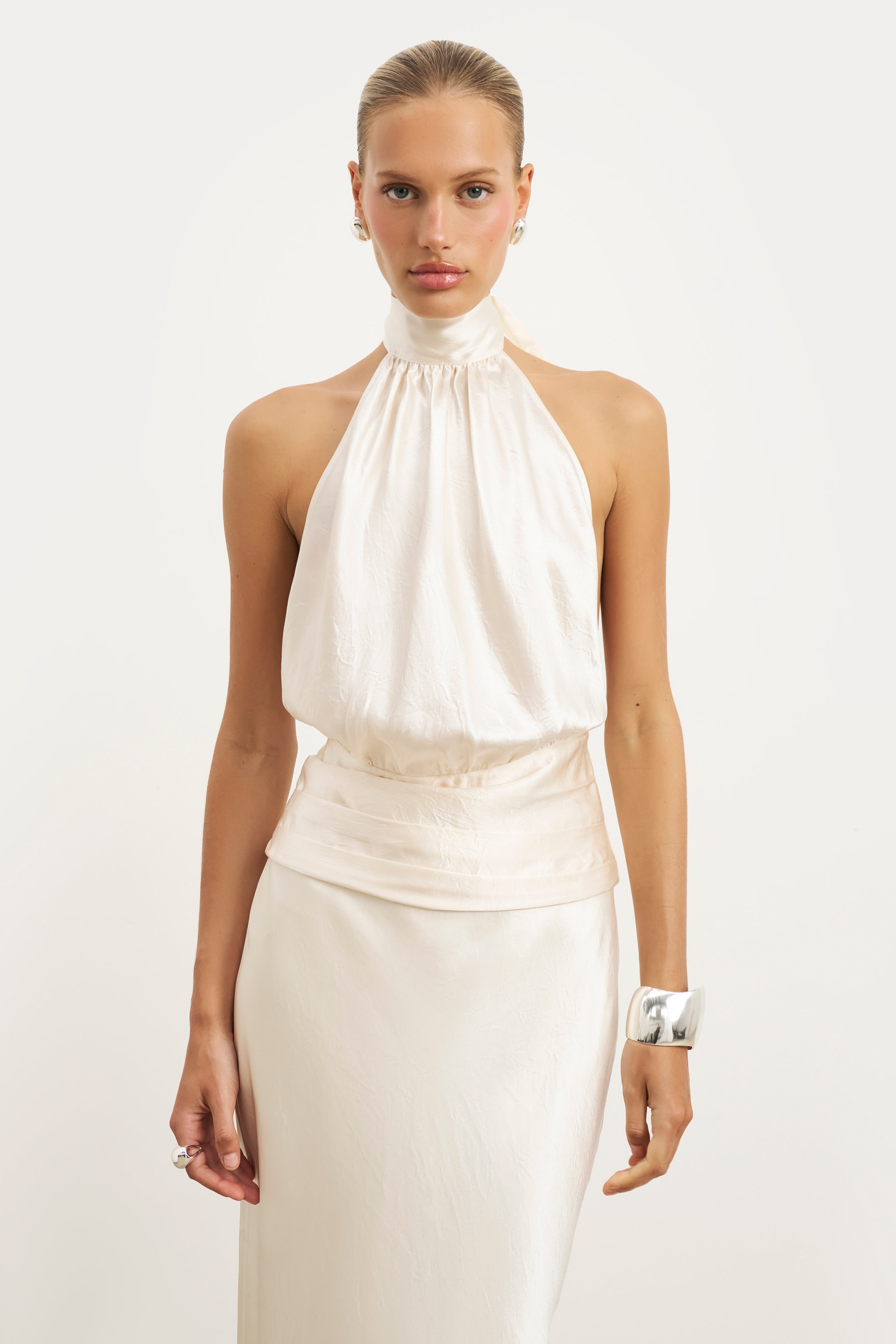 Crushed Satin Backless Halterneck Top - Champagne