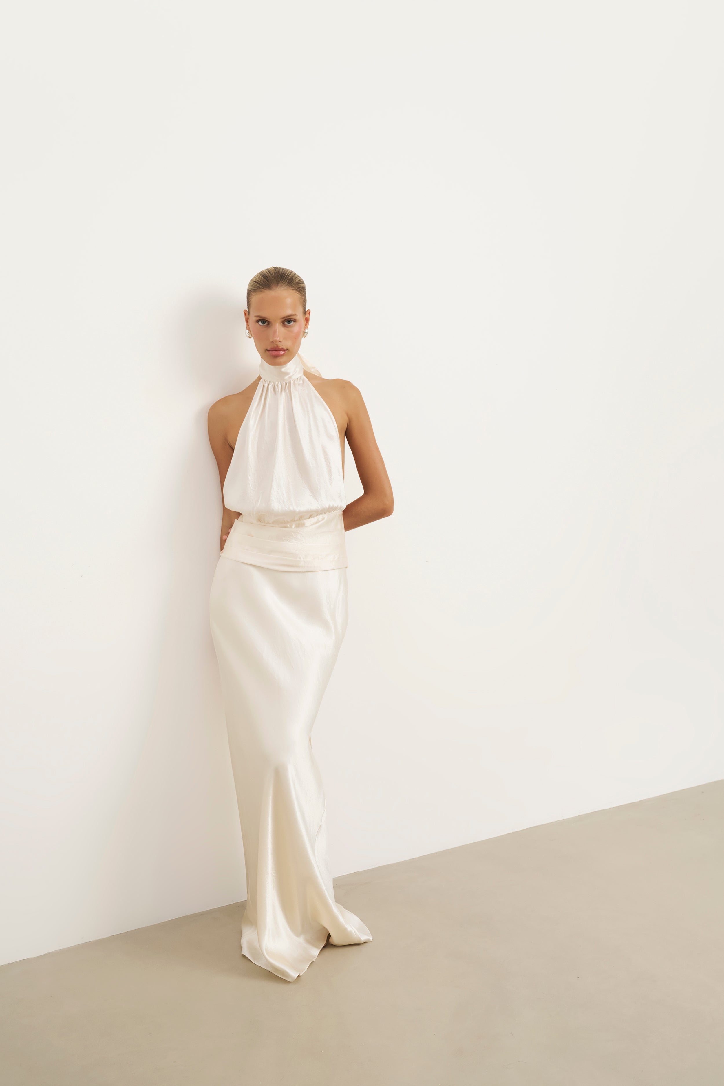 Crushed Satin Backless Halterneck Top - Champagne