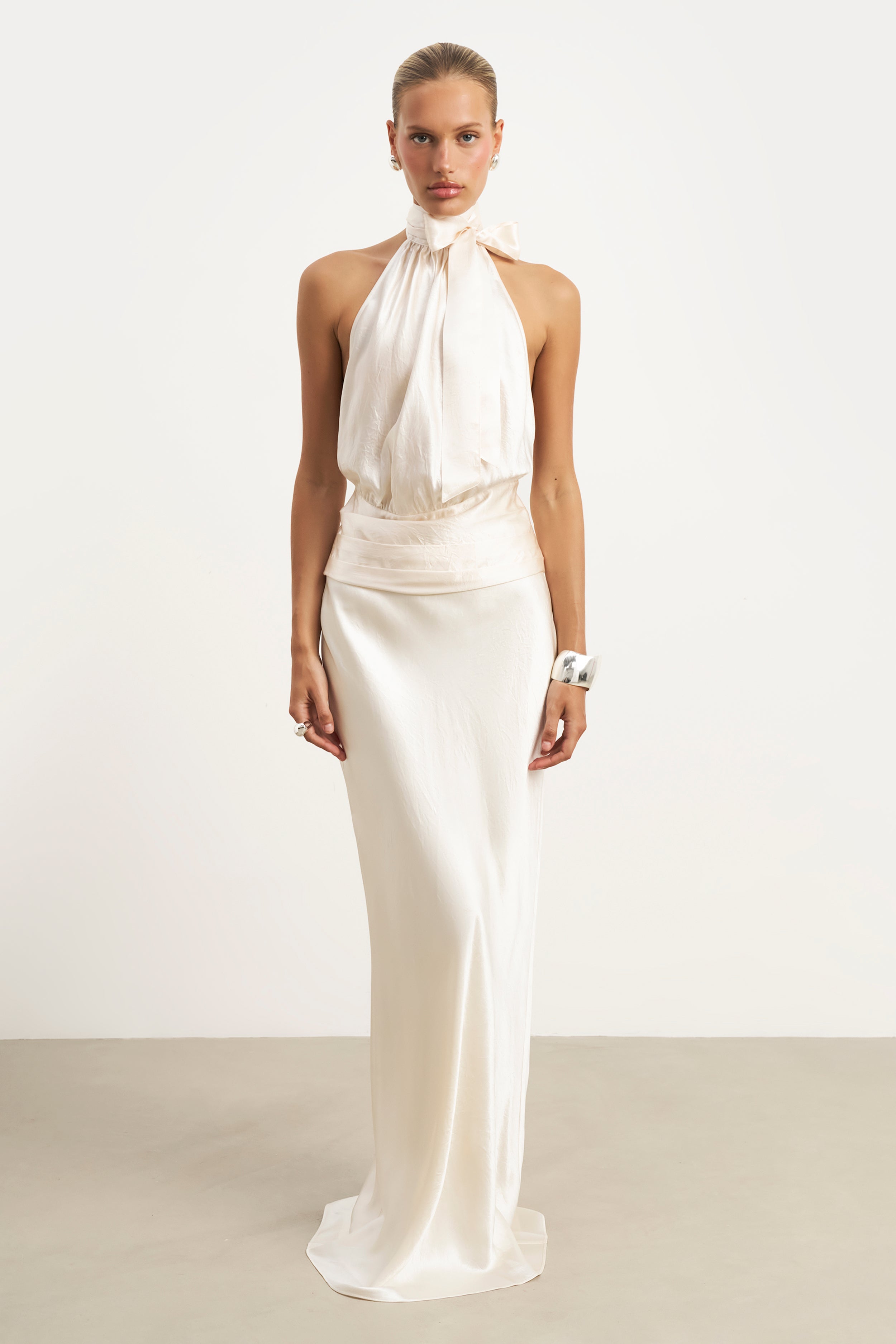 Crushed Satin Bias Cut Maxi Skirt - Champagne