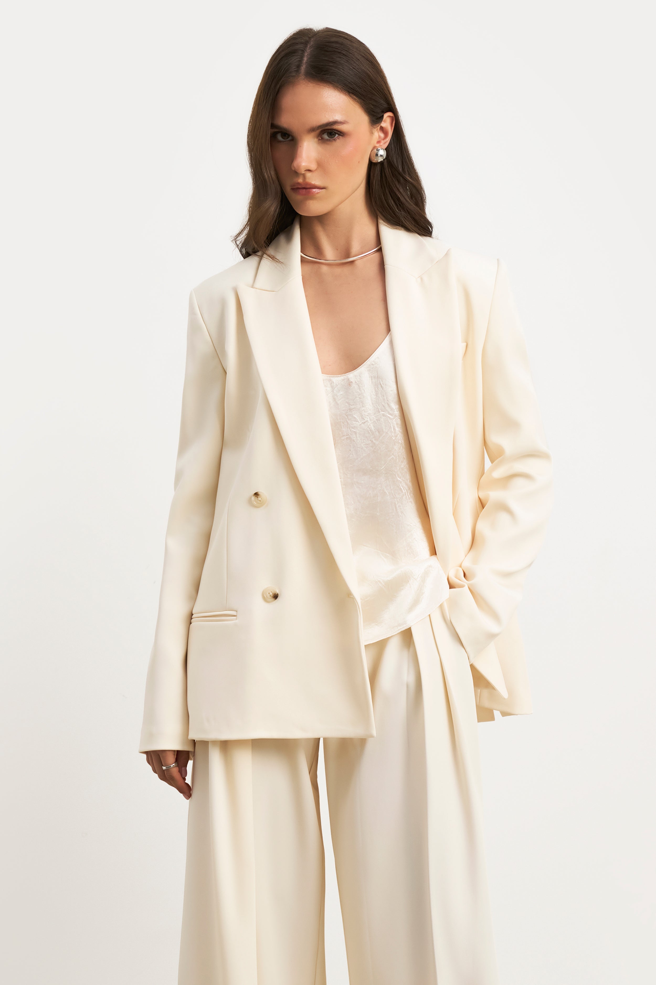 Dropped Waist Double Breasted Blazer - Cream