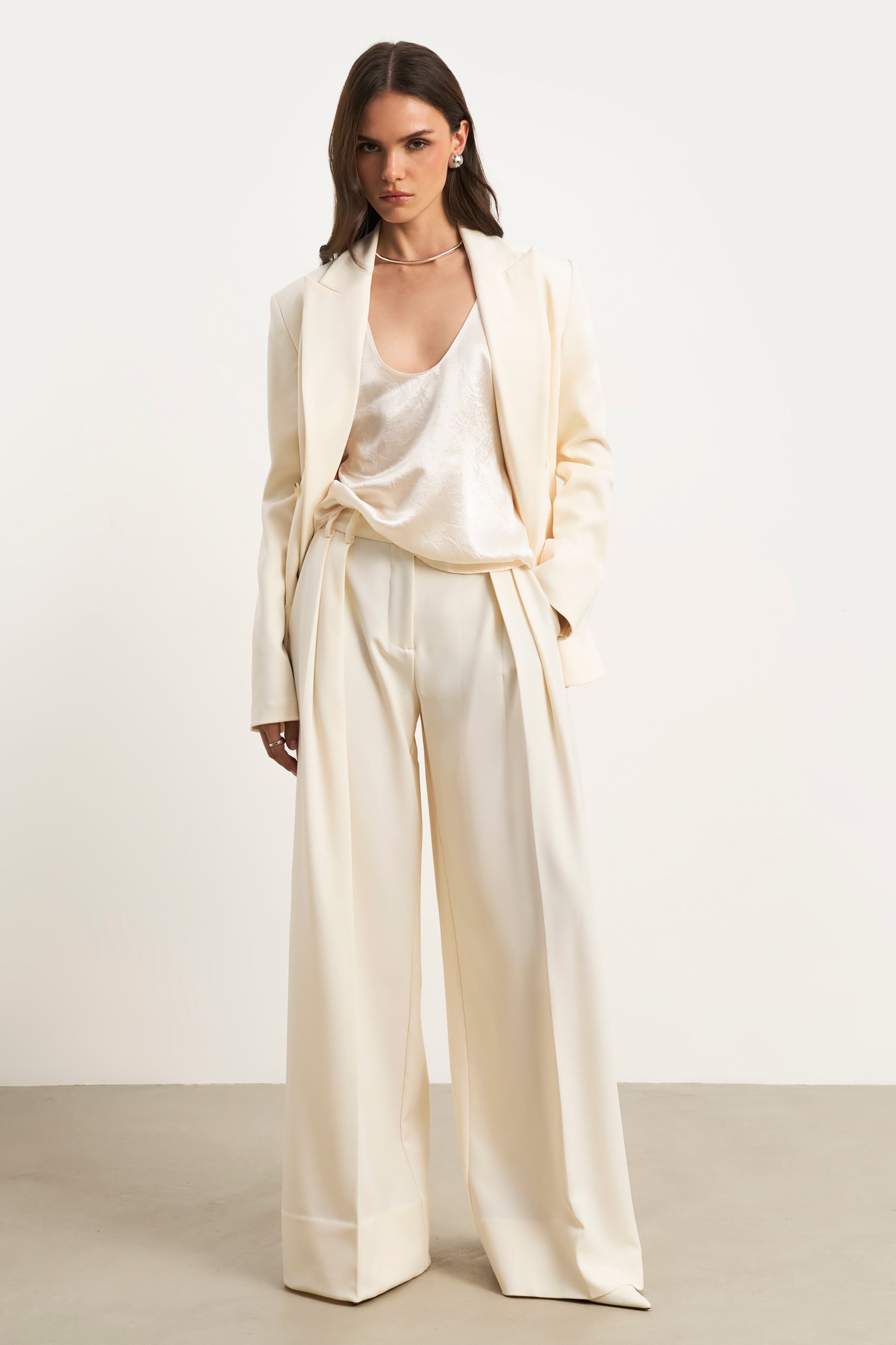 Pleated Ultra Wide Leg Trousers - Cream