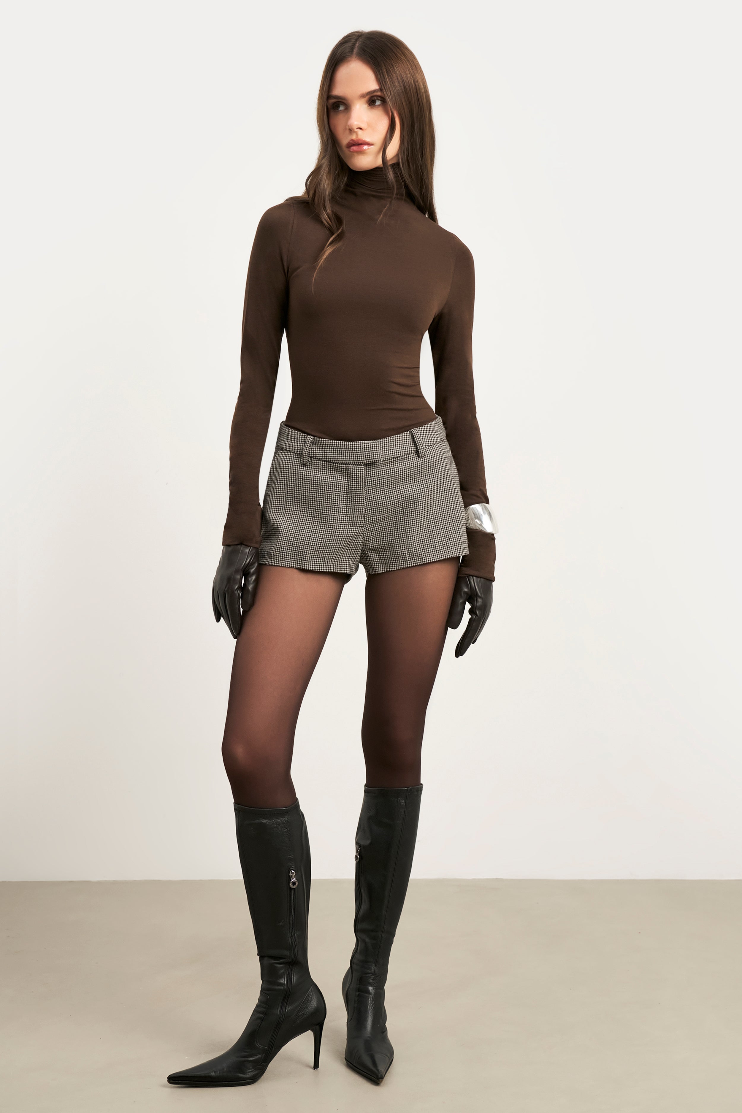 Tailored Mid Rise Micro Shorts - Houndstooth