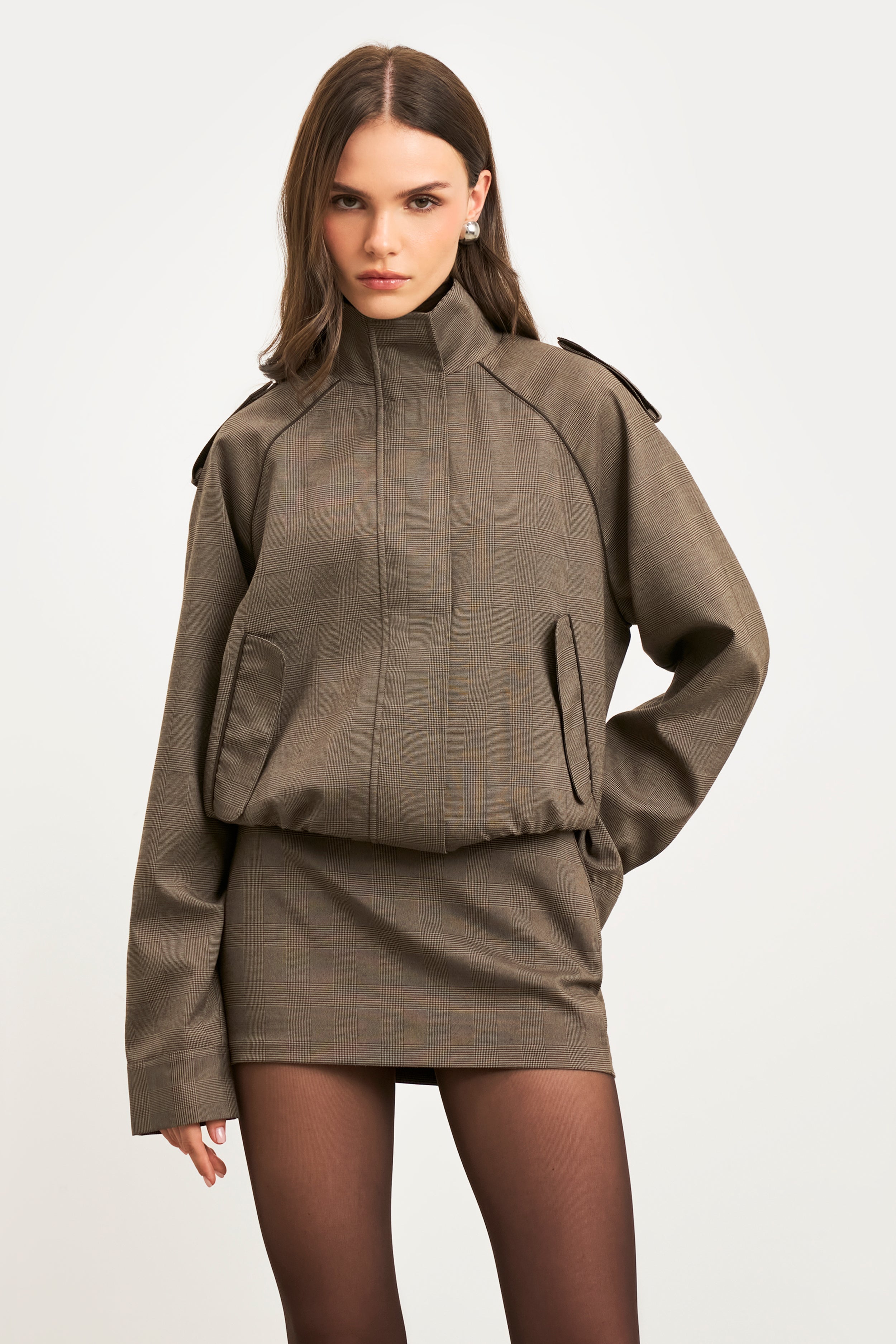 Relaxed High Collar Bomber Jacket - Carob Check