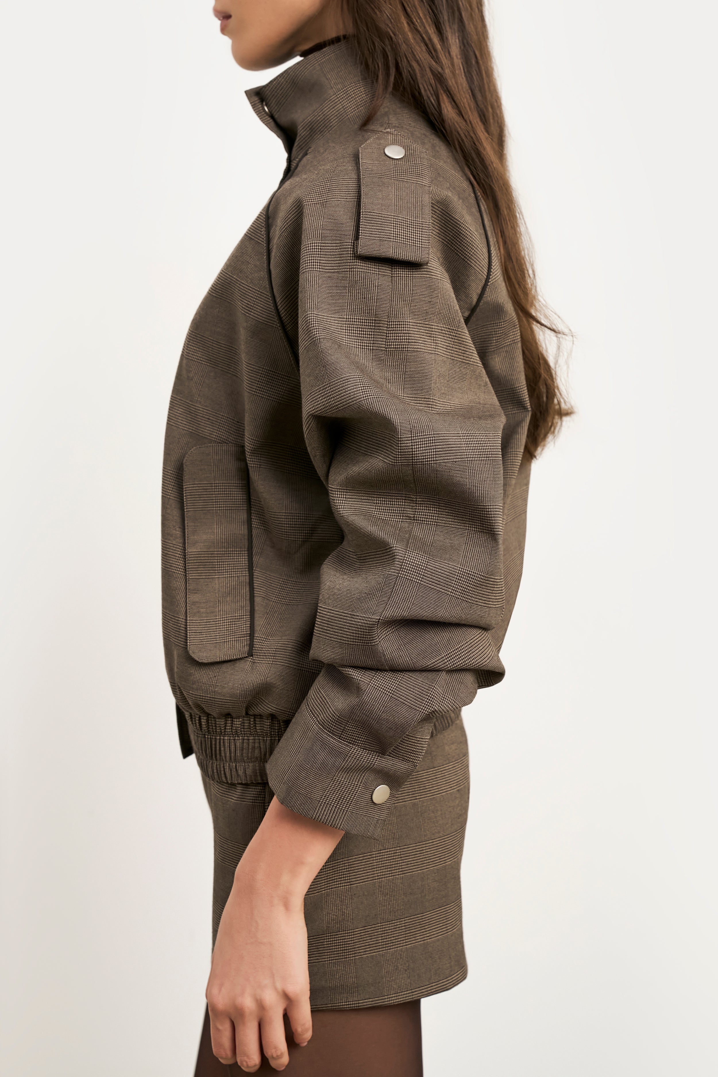 Relaxed High Collar Bomber Jacket - Carob Check