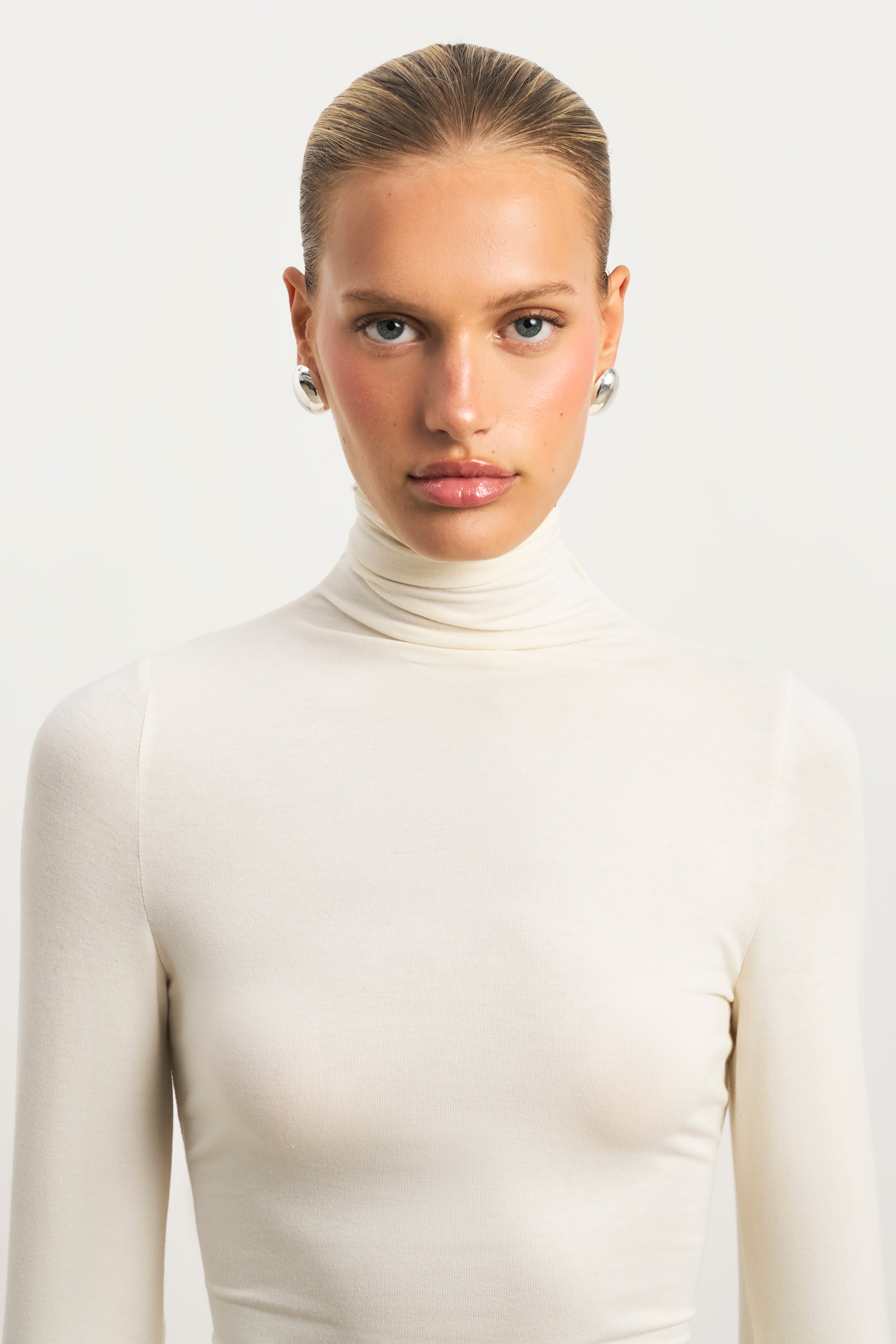 Semi Sheer High Neck Longsleeve Top - Cream