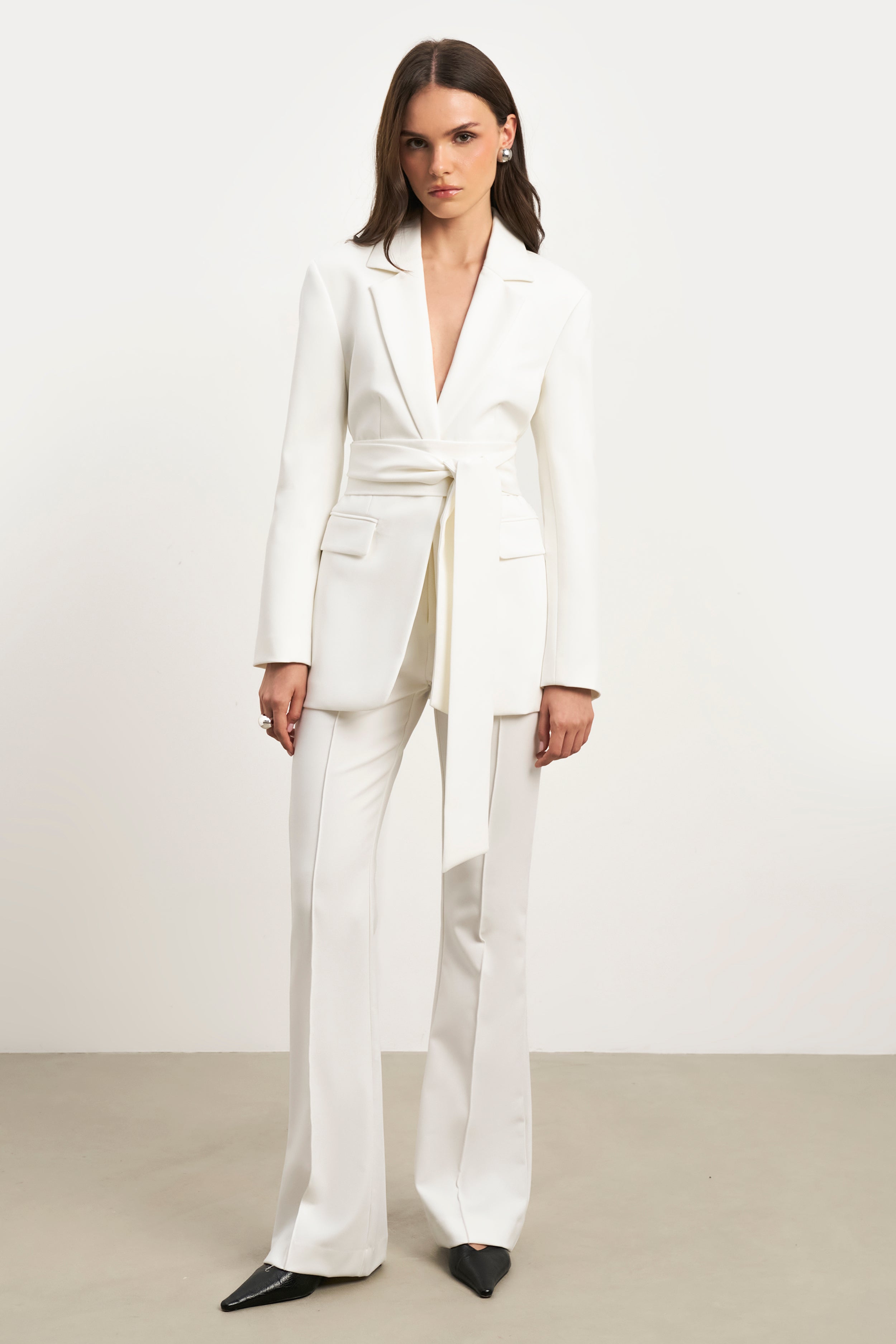 Classic Blazer With Belt - White