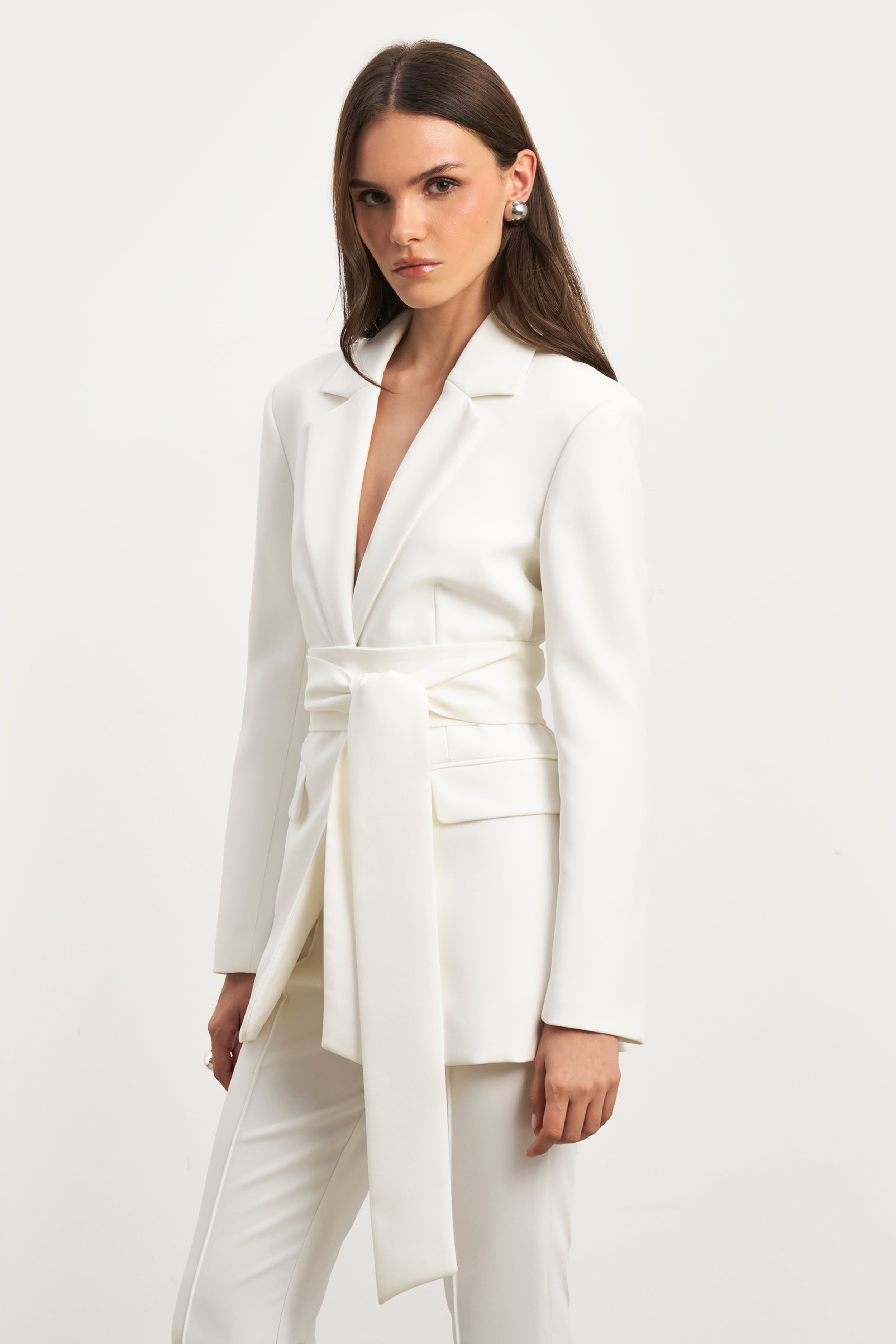 Classic Blazer With Belt - White