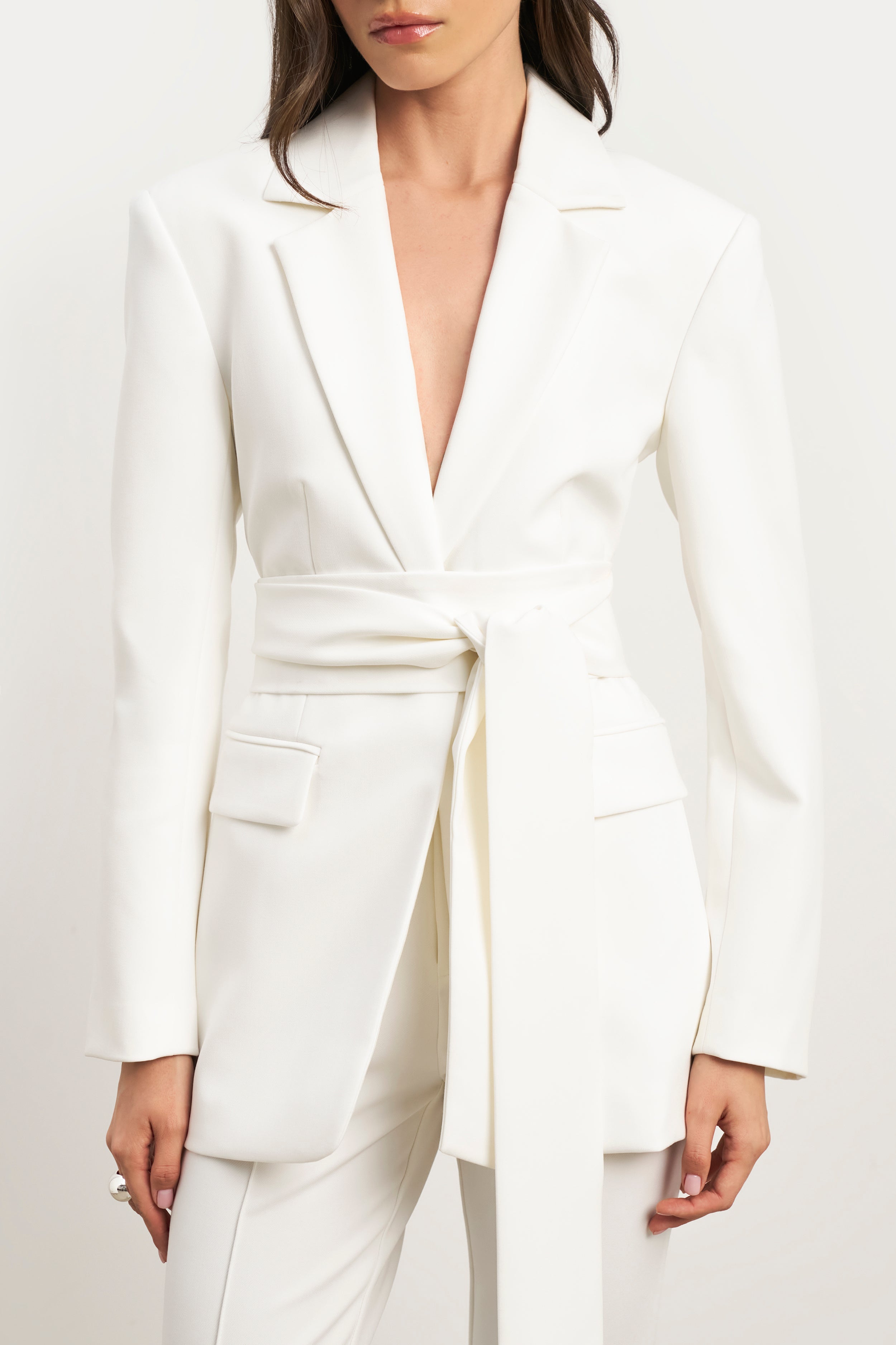 Classic Blazer With Belt - White
