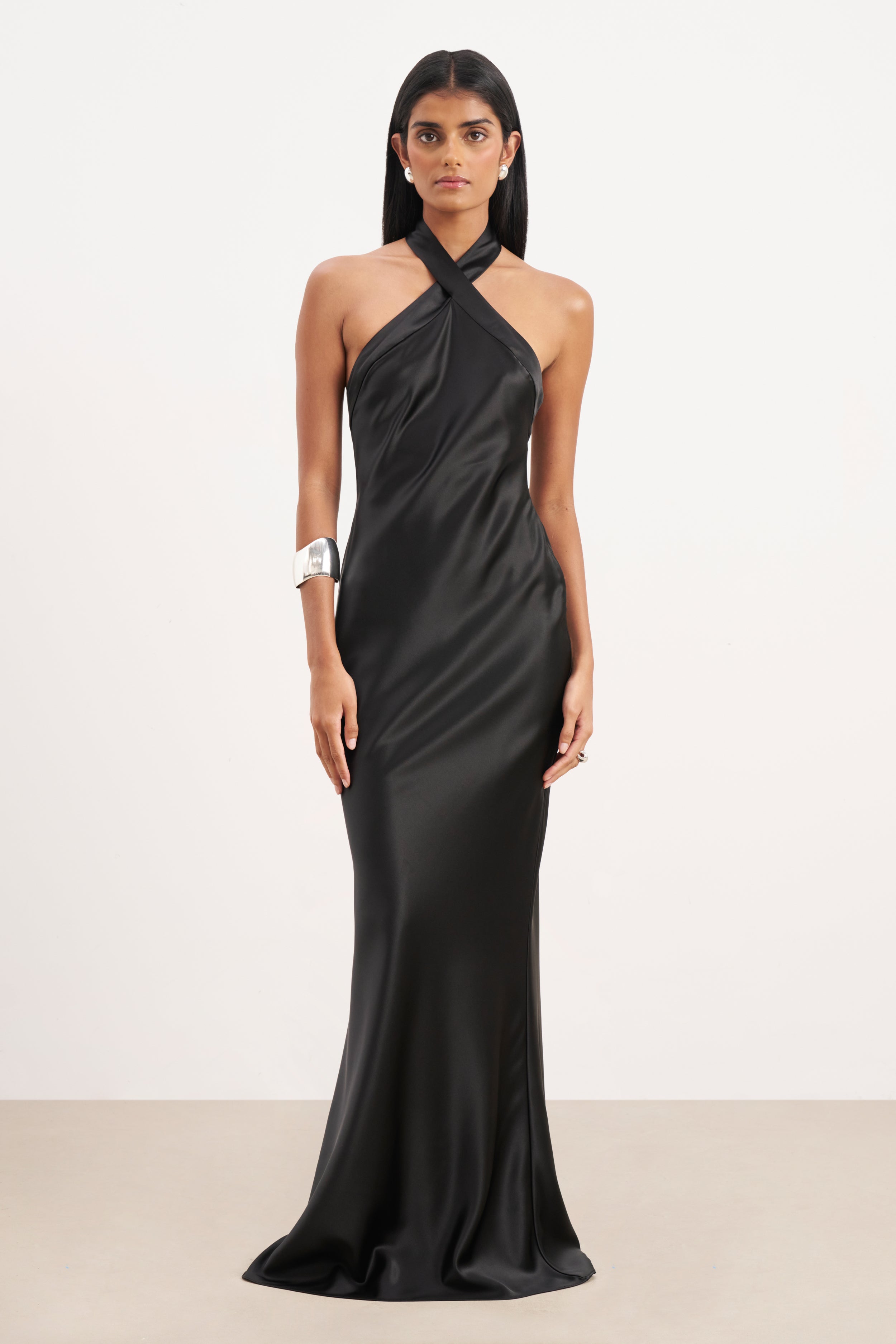 Satin Cross Strap Halter Gown - Black