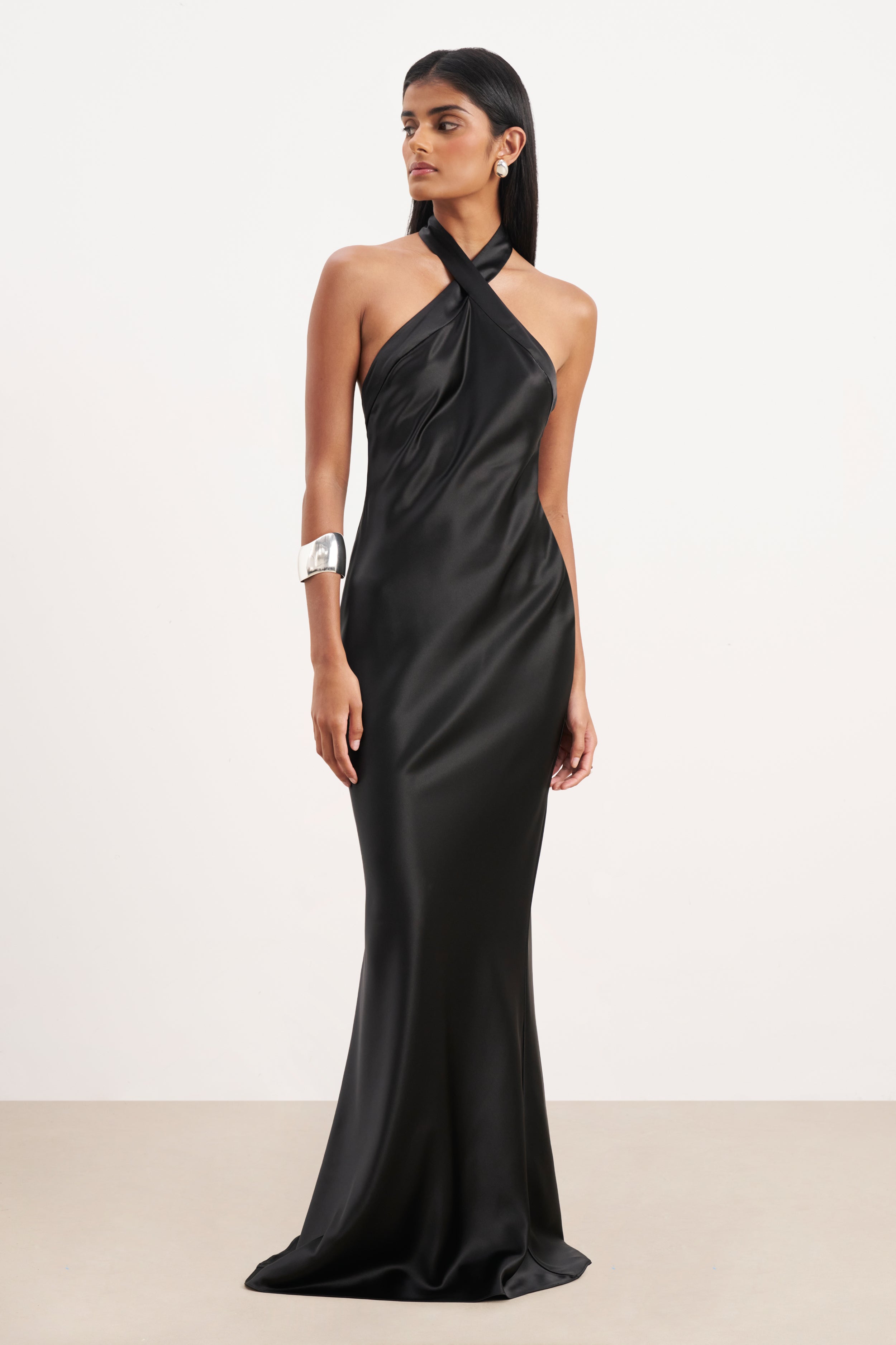 Satin Cross Strap Halter Gown - Black