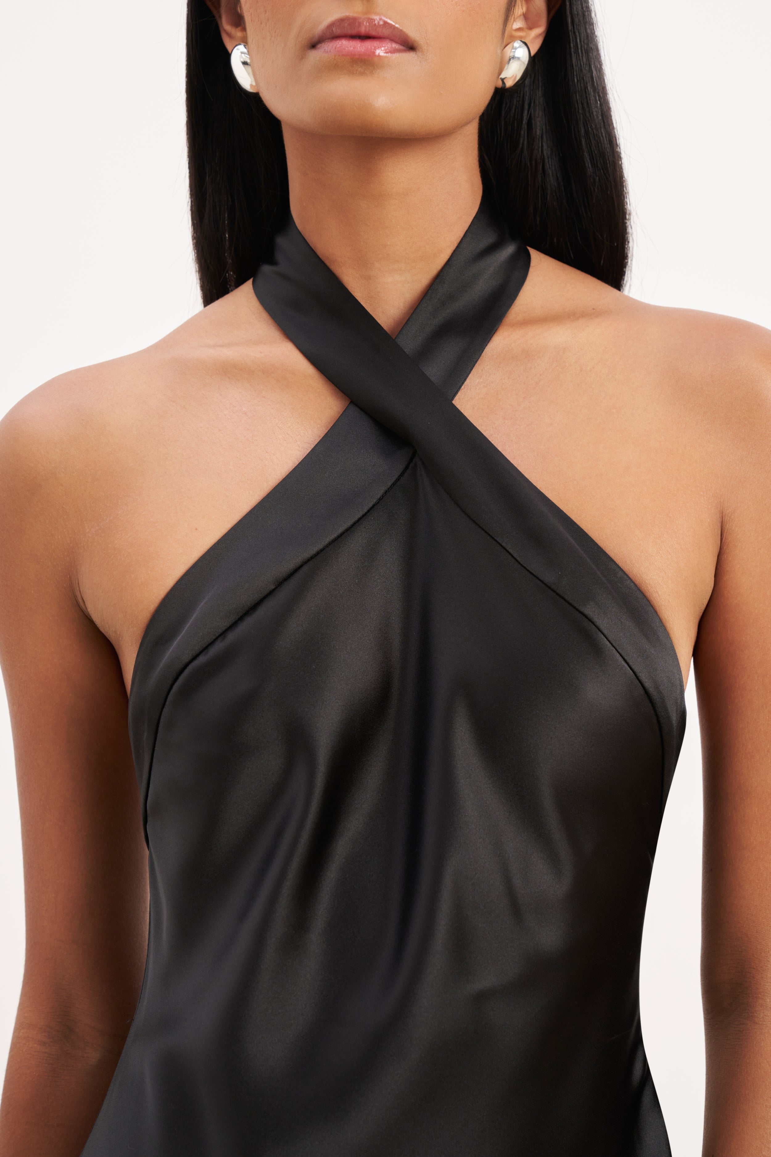 Satin Cross Strap Halter Gown - Black