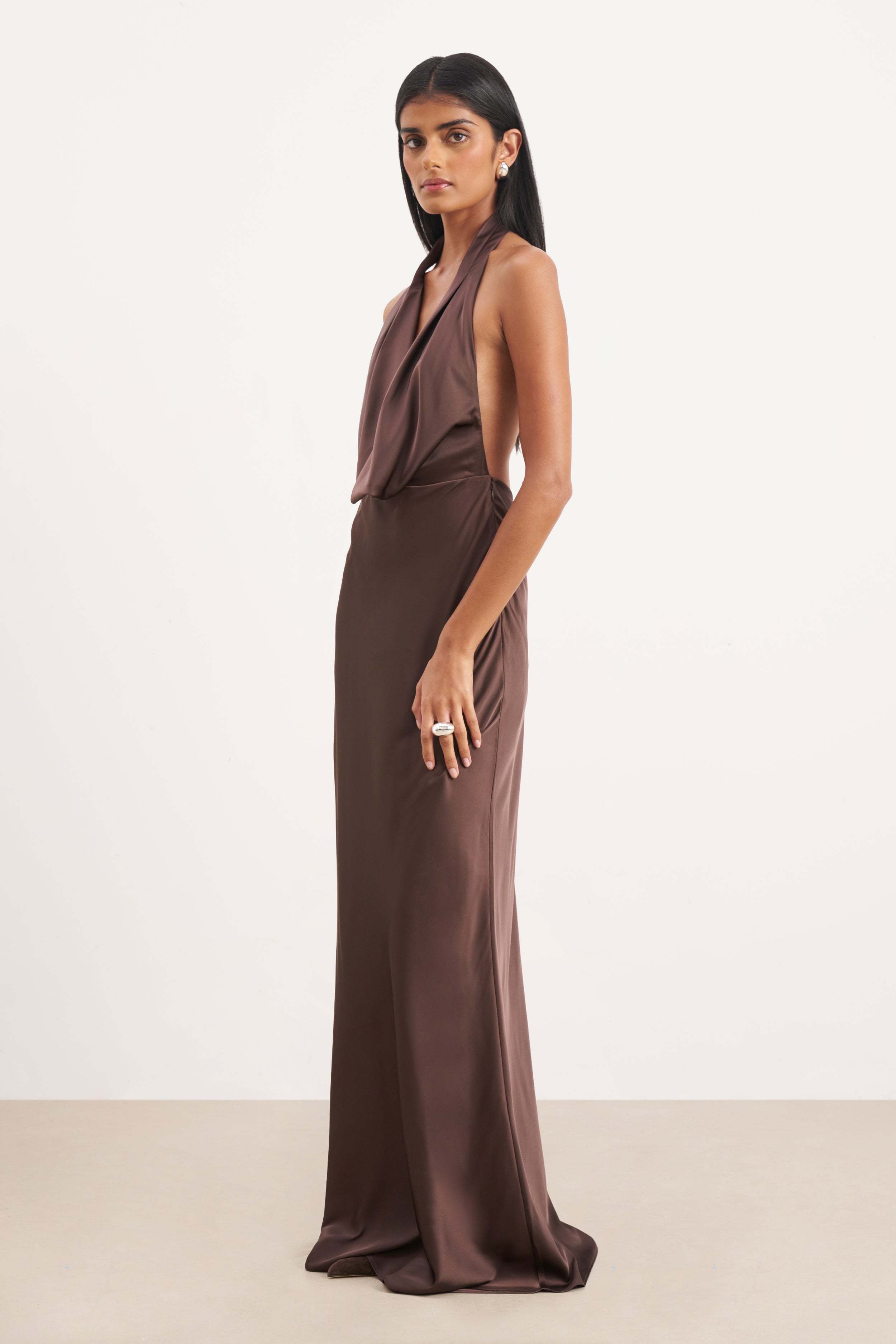 Satin Plunging Cowl Neck Maxi Dress - Carob