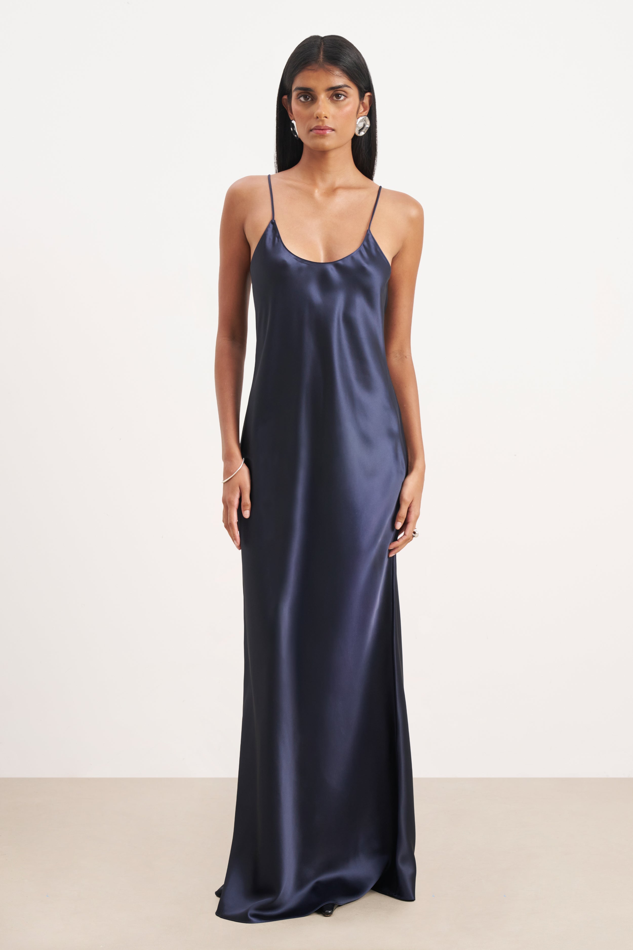 Satin Scoop Neck Camisole Maxi Dress - Navy