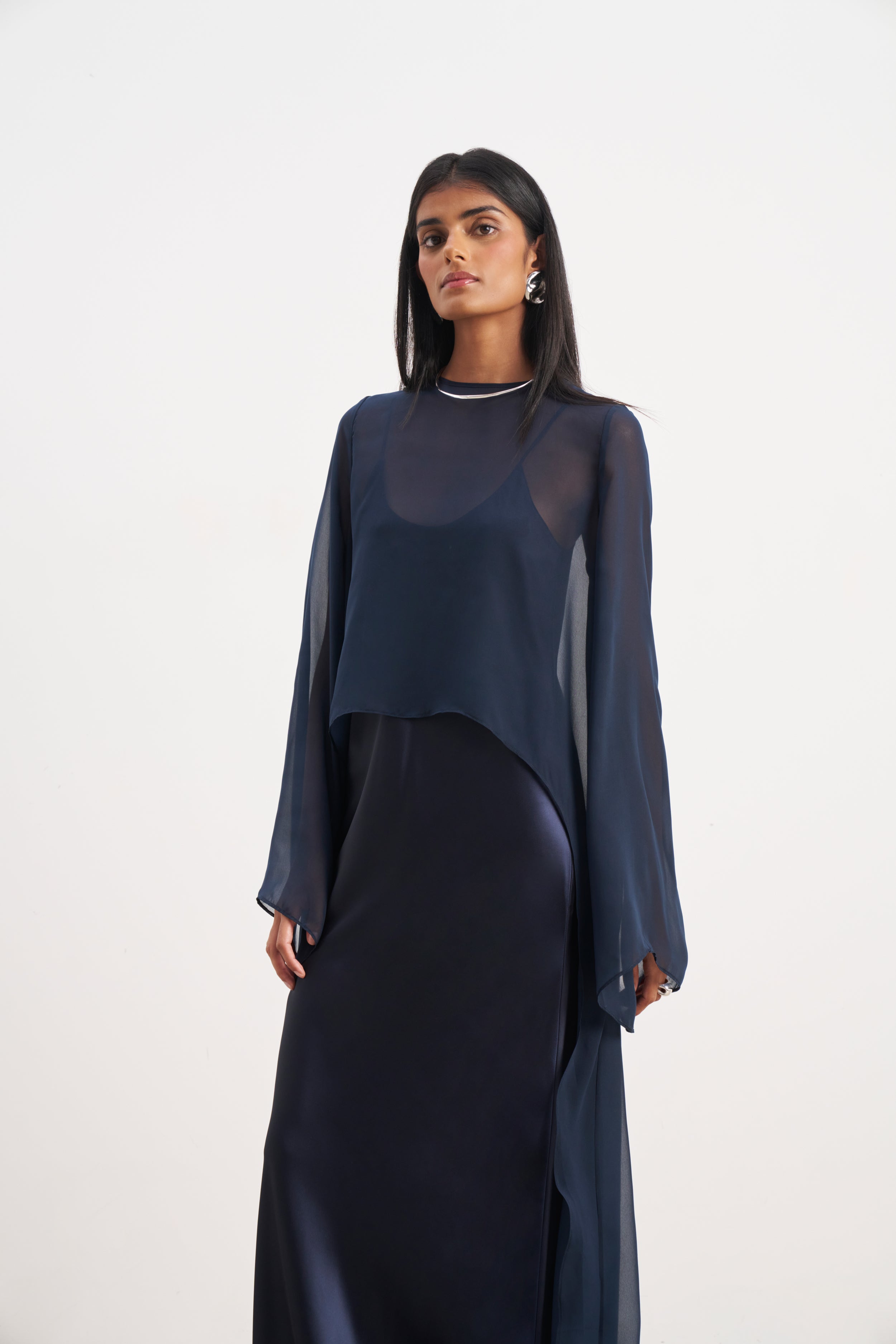 Sheer Chiffon Cape Blouse - Navy