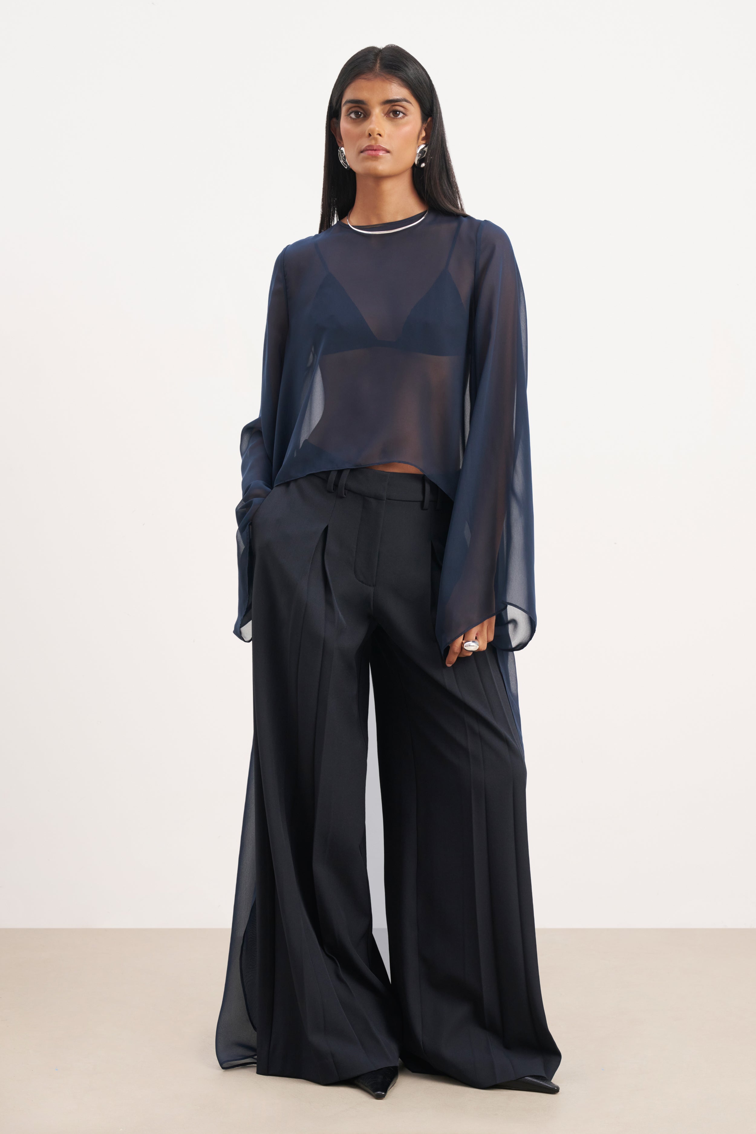 Sheer Chiffon Cape Blouse - Navy